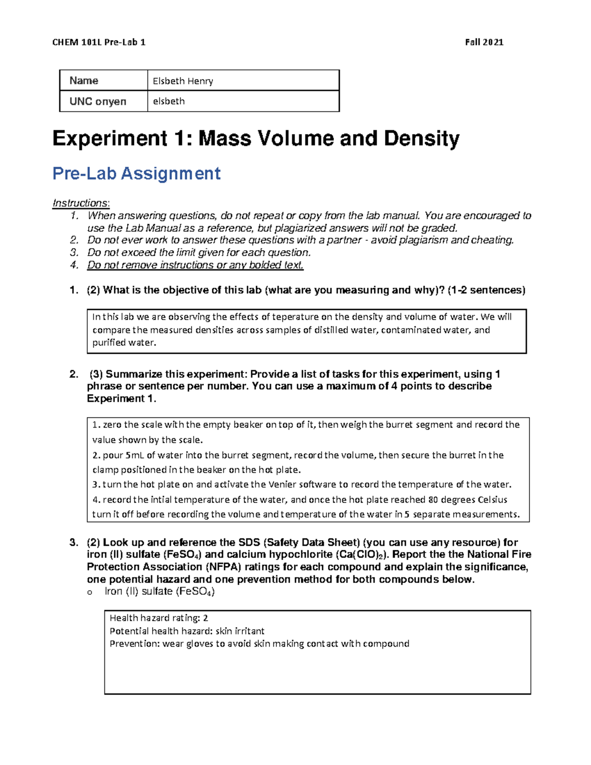 pre lab chemistry matriculation experiment 1