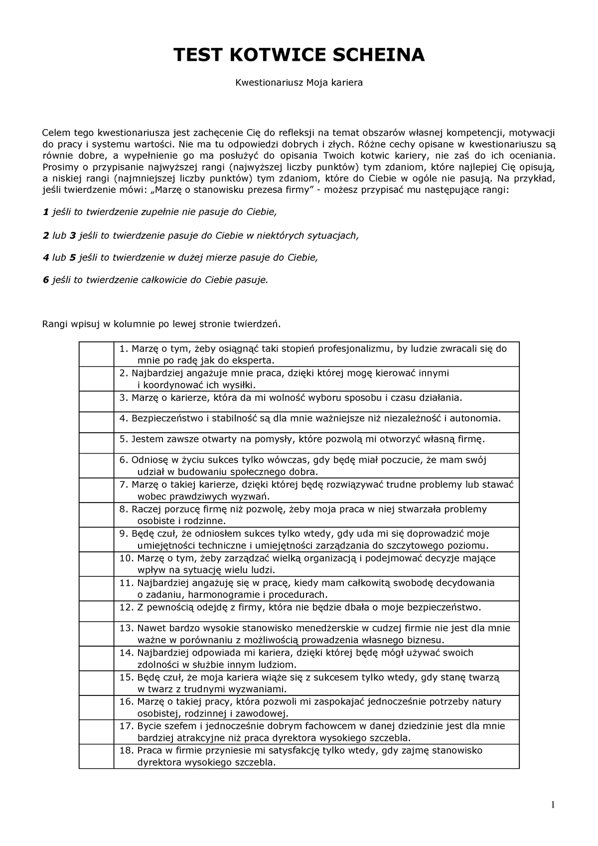 Karta Pracy Do Modułu II. Test Kotwice Scheina - 1 TEST KOTWICE SCHEINA ...