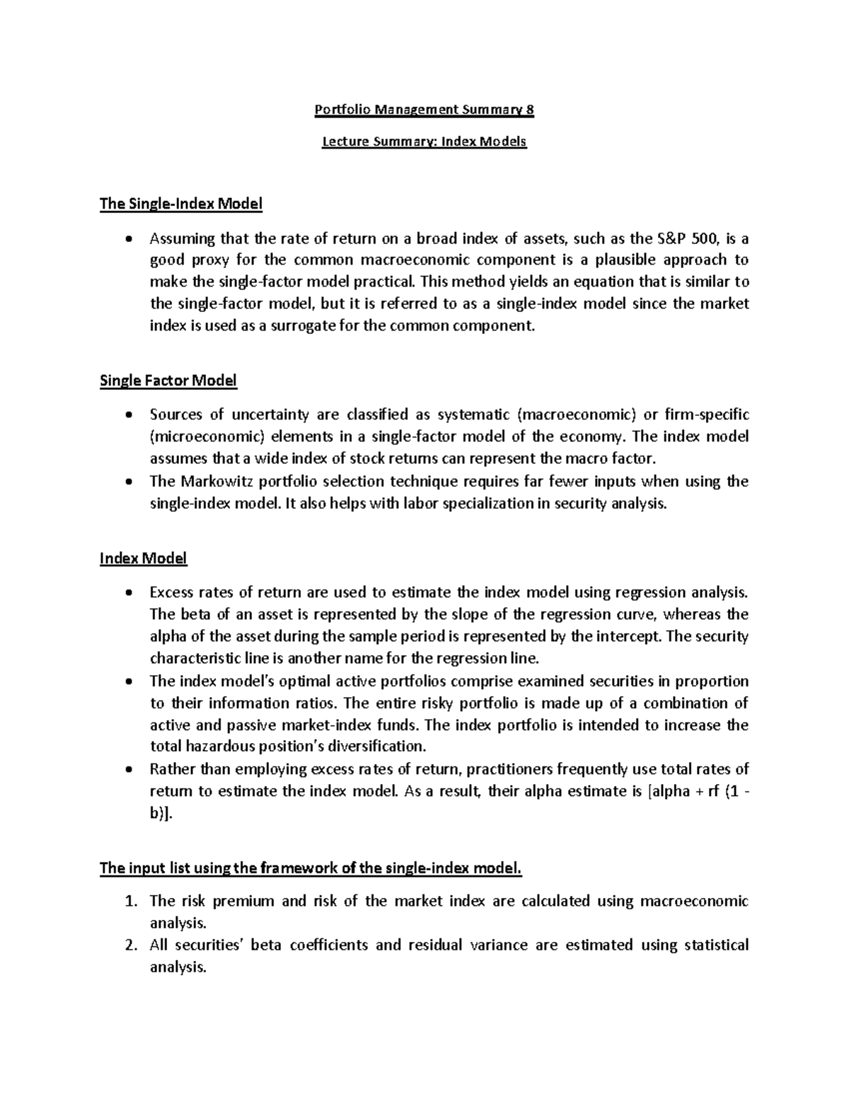 Portfolio Management Summary 8 Index Models Portfolio Management