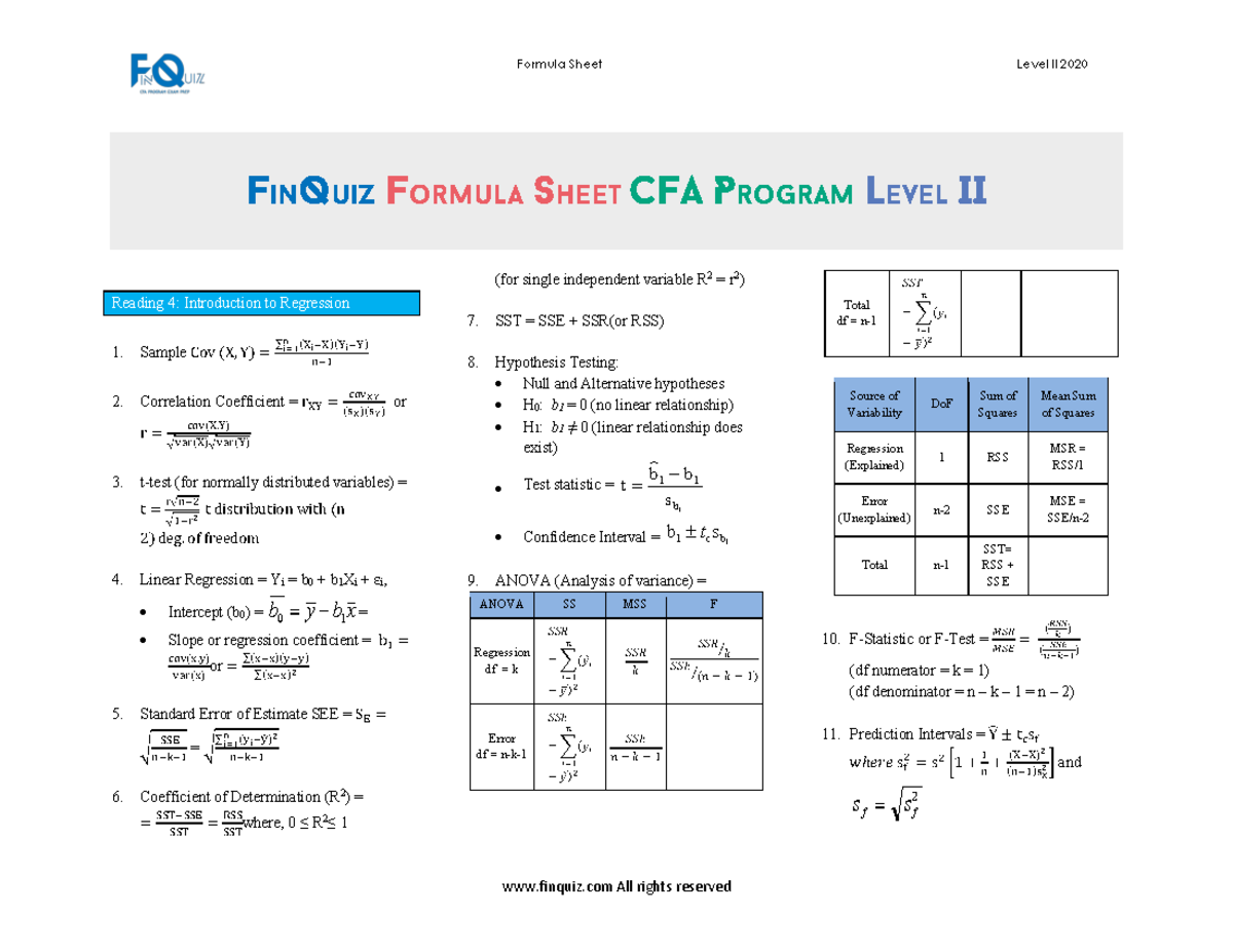 Cfa Level Ii Formula Sheet Studocu