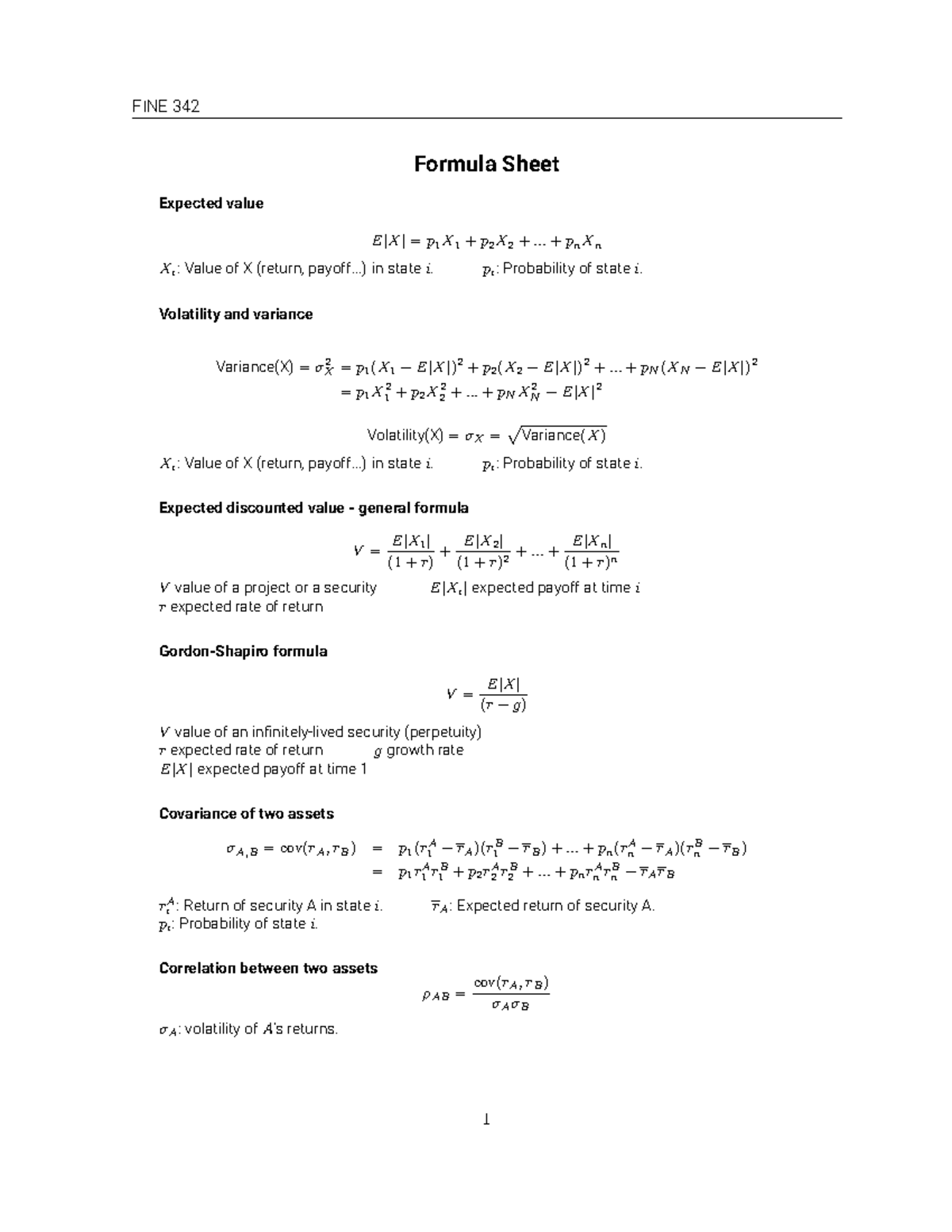 Formula sheet final - Formula Sheet Expected value E[X] = p 1 X 1 + p 2 ...