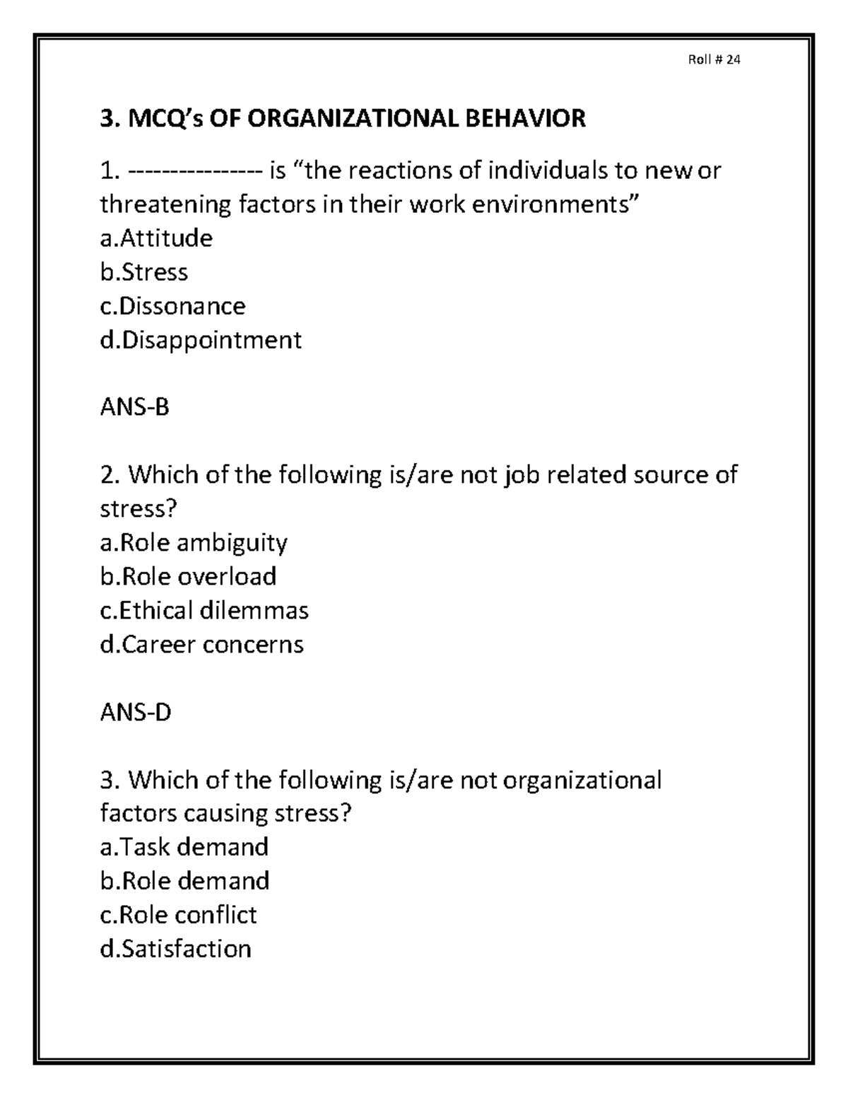 OB MCQ 3 - Lecture Notes 1-5 - Roll # 24 3. MCQ’s OF ORGANIZATIONAL ...