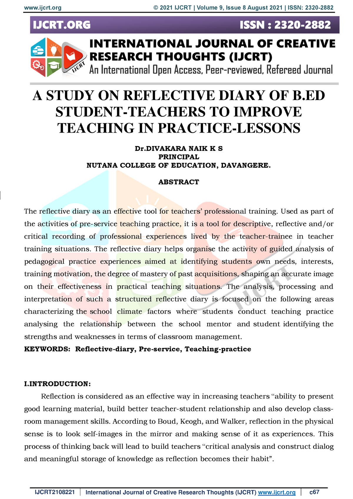 Ijcrt 2108221 - A STUDY ON REFLECTIVE DIARY OF B STUDENT-TEACHERS TO ...