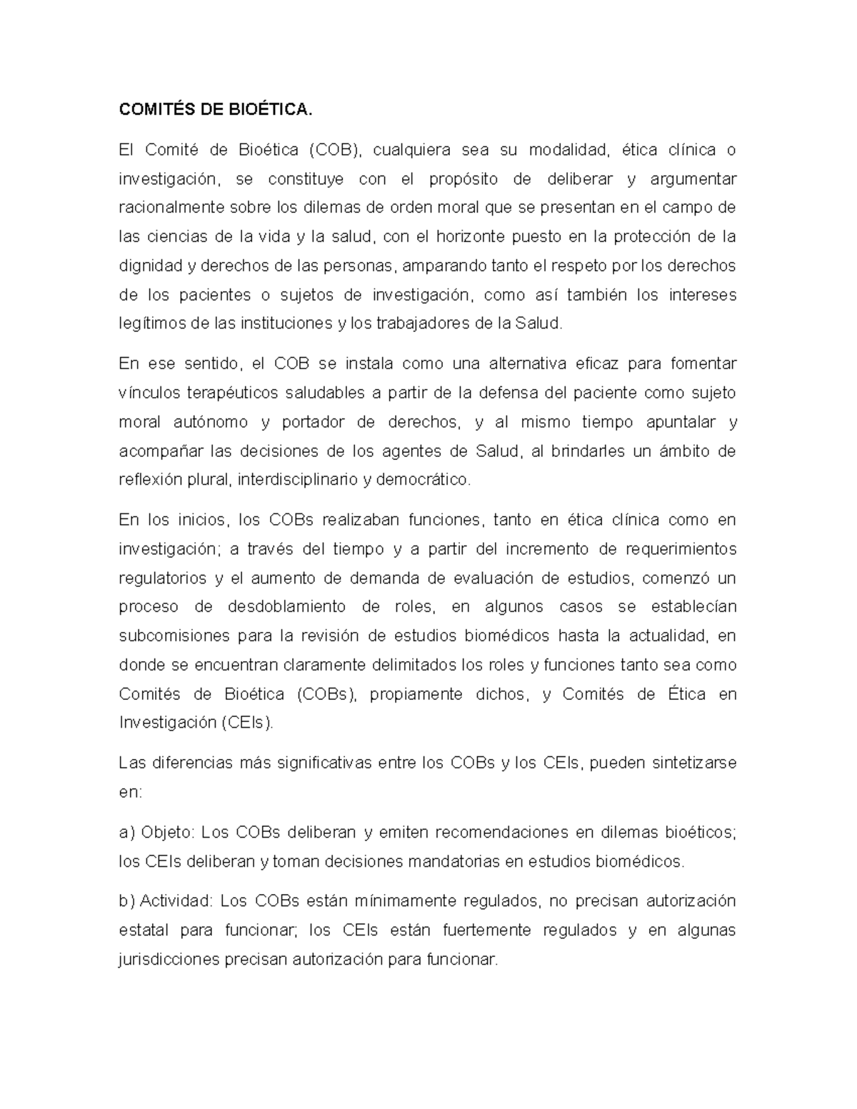 Bioetica RMO COMITÉS DE BIOÉTICA. El Comité de Bioética (COB