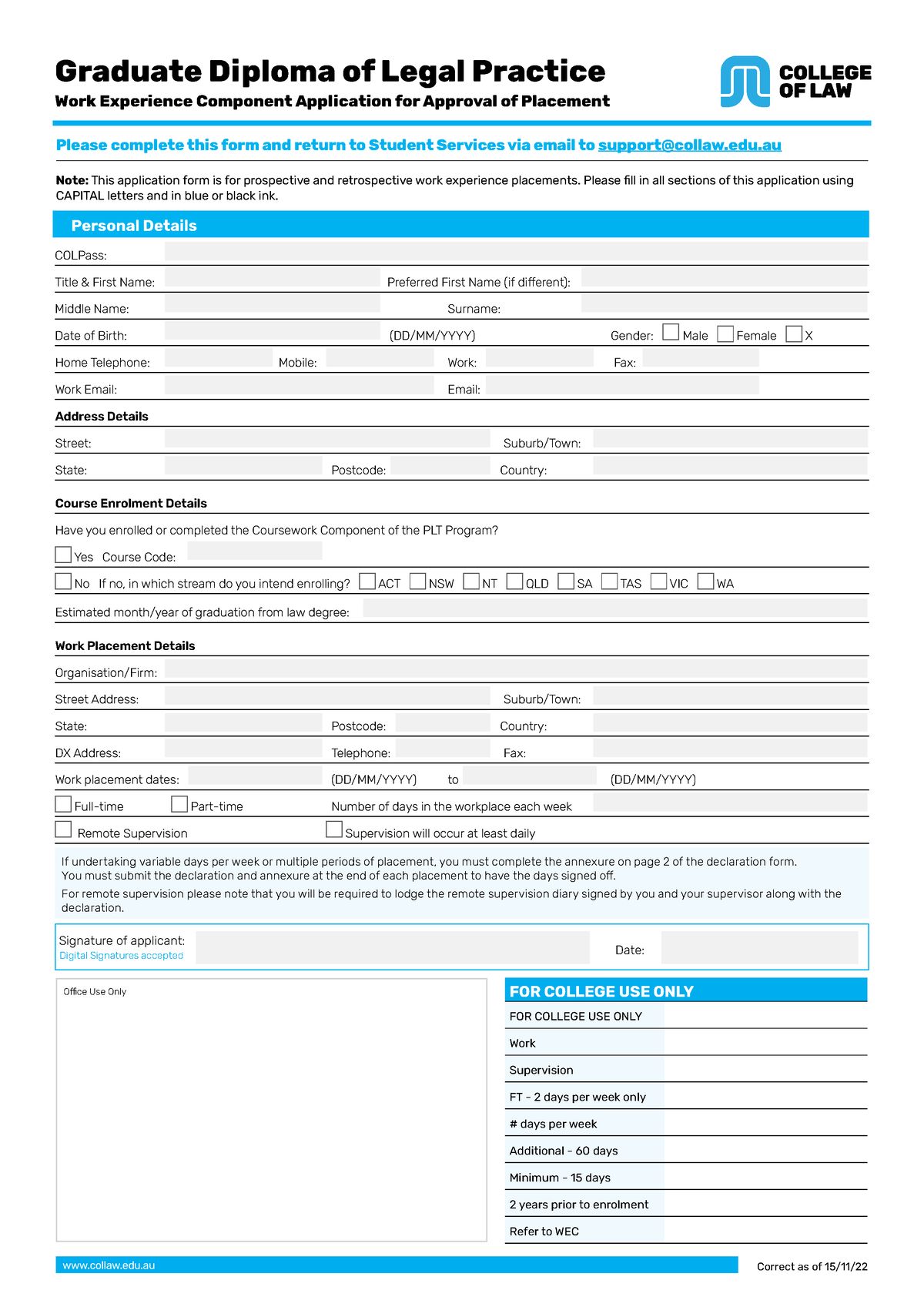 PLT Work Experience Application Form OCT20 collaw.edu Correct as of