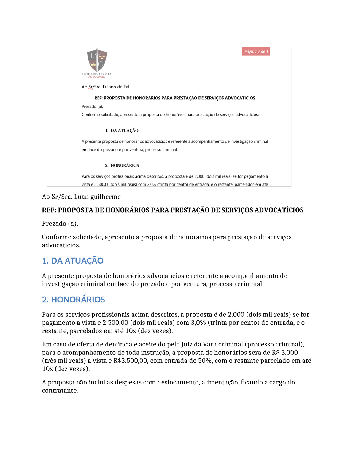 Modelo Proposta De Honorarios Advocaticios Ao Srsra Luan Guilherme Ref Proposta De 9542