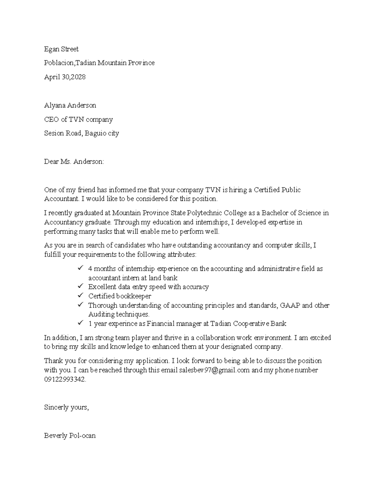 Solicited letter - Egan Street Poblacion,Tadian Mountain Province April ...