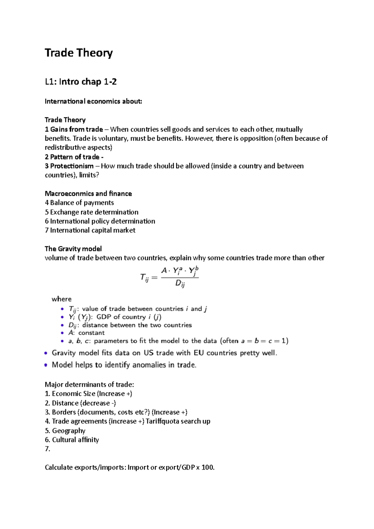 International Trade Theory Notes - Trade Theory L1: Intro chap 1 ...