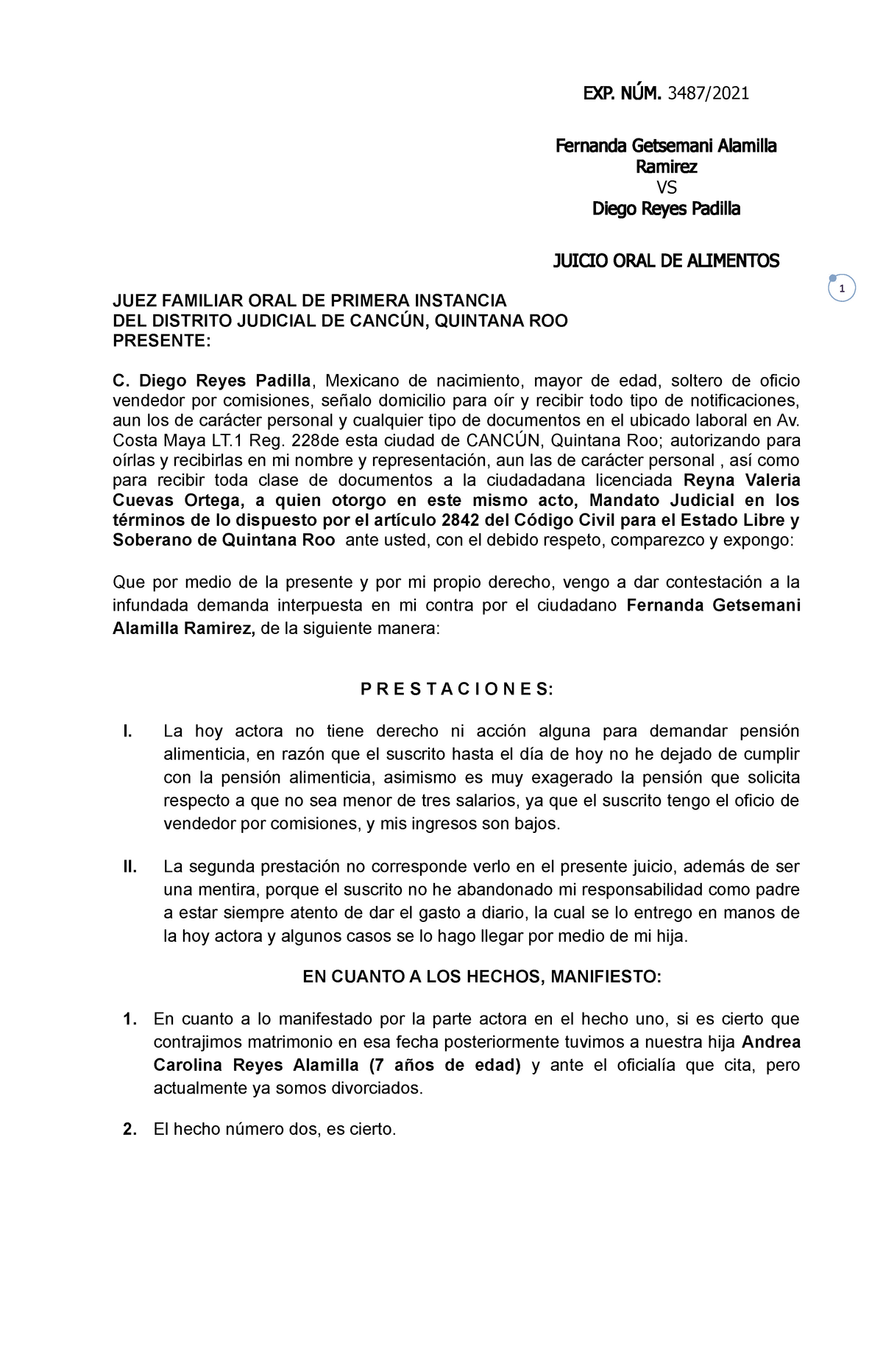 Contestacion de Demanda pension Alimenticia - 1 EXP. NÚM. 3487/ Fernanda  Getsemani Alamilla Ramirez - Studocu