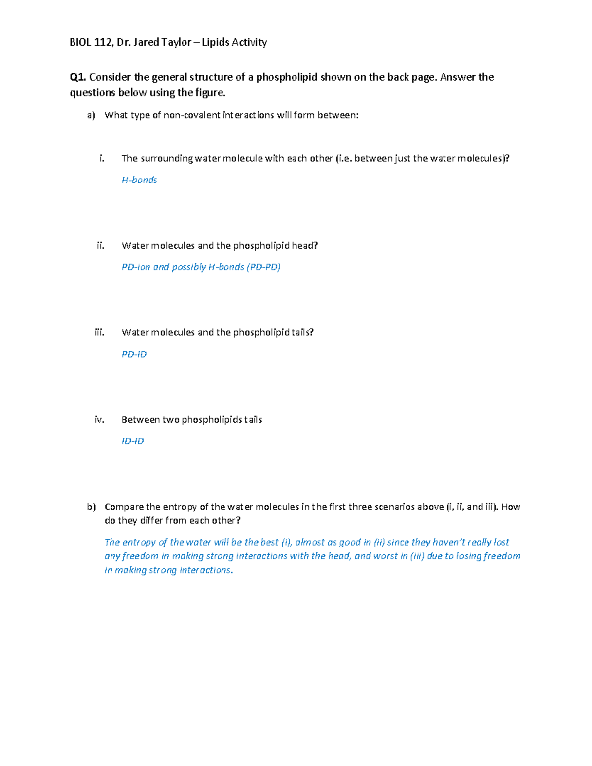 Lecture+3+-+Lipids+Activity+-+Answer+Key - BIOL 112, Dr. Jared Taylor 3 ...