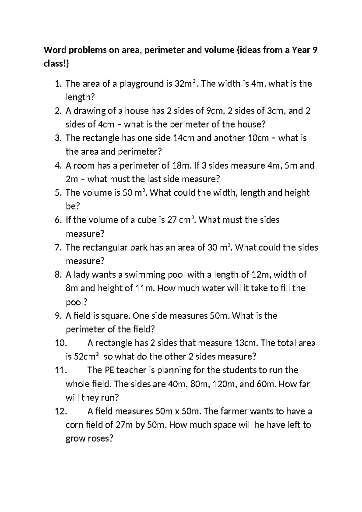 Word-problems 2 - Word problems on area, perimeter and volume (ideas ...