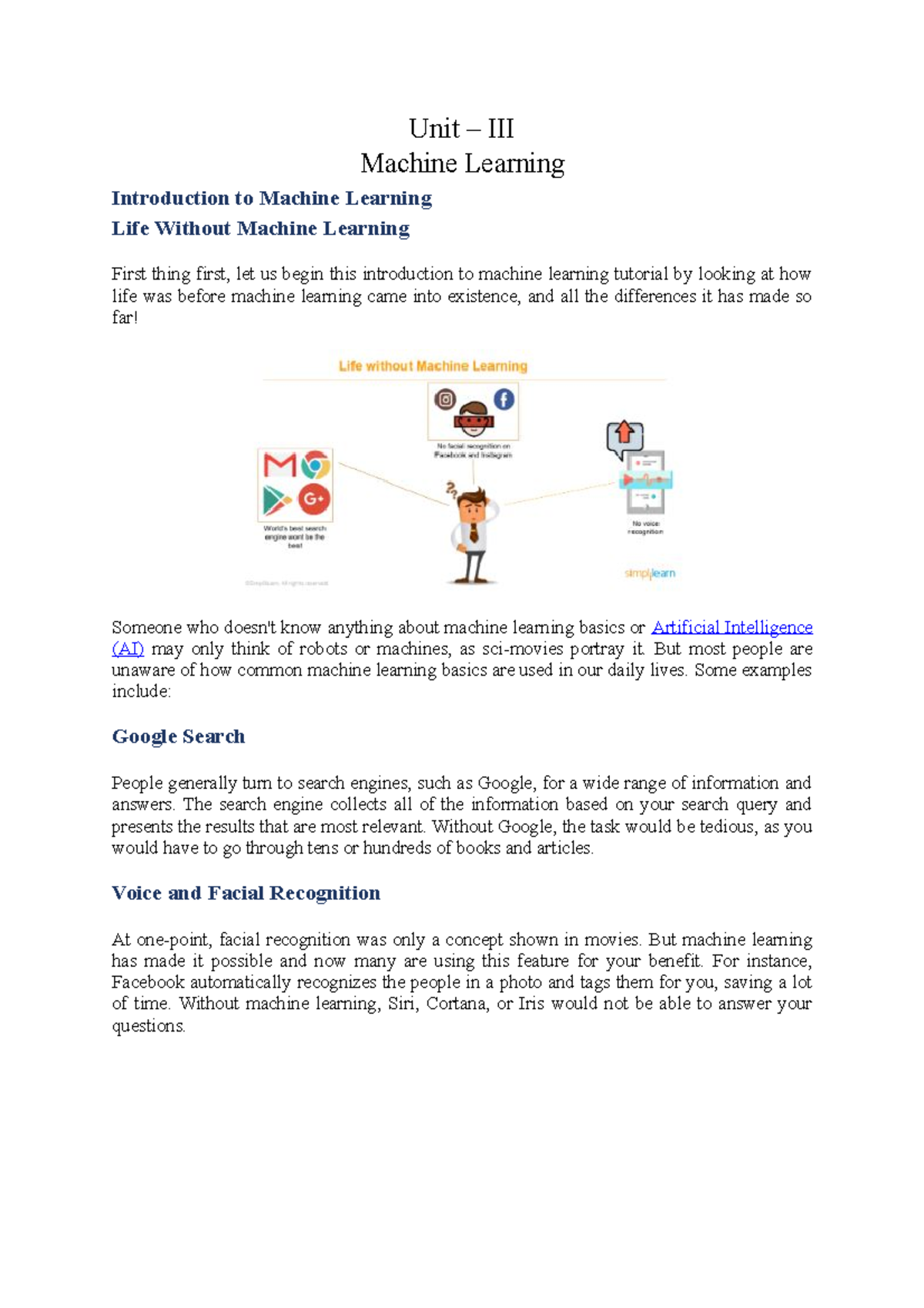 Unit 3 - Unit – III Machine Learning Introduction to Machine Learning ...