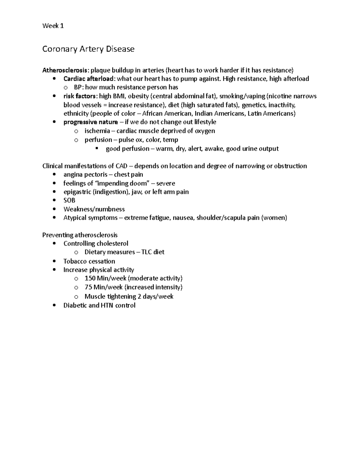 cardiac class notes - Coronary Artery Disease Atherosclerosis: plaque ...