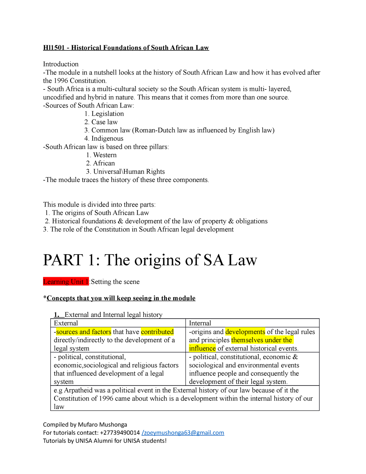 Hl1501 Notes - Hl1501 - Historical Foundations Of South African Law ...