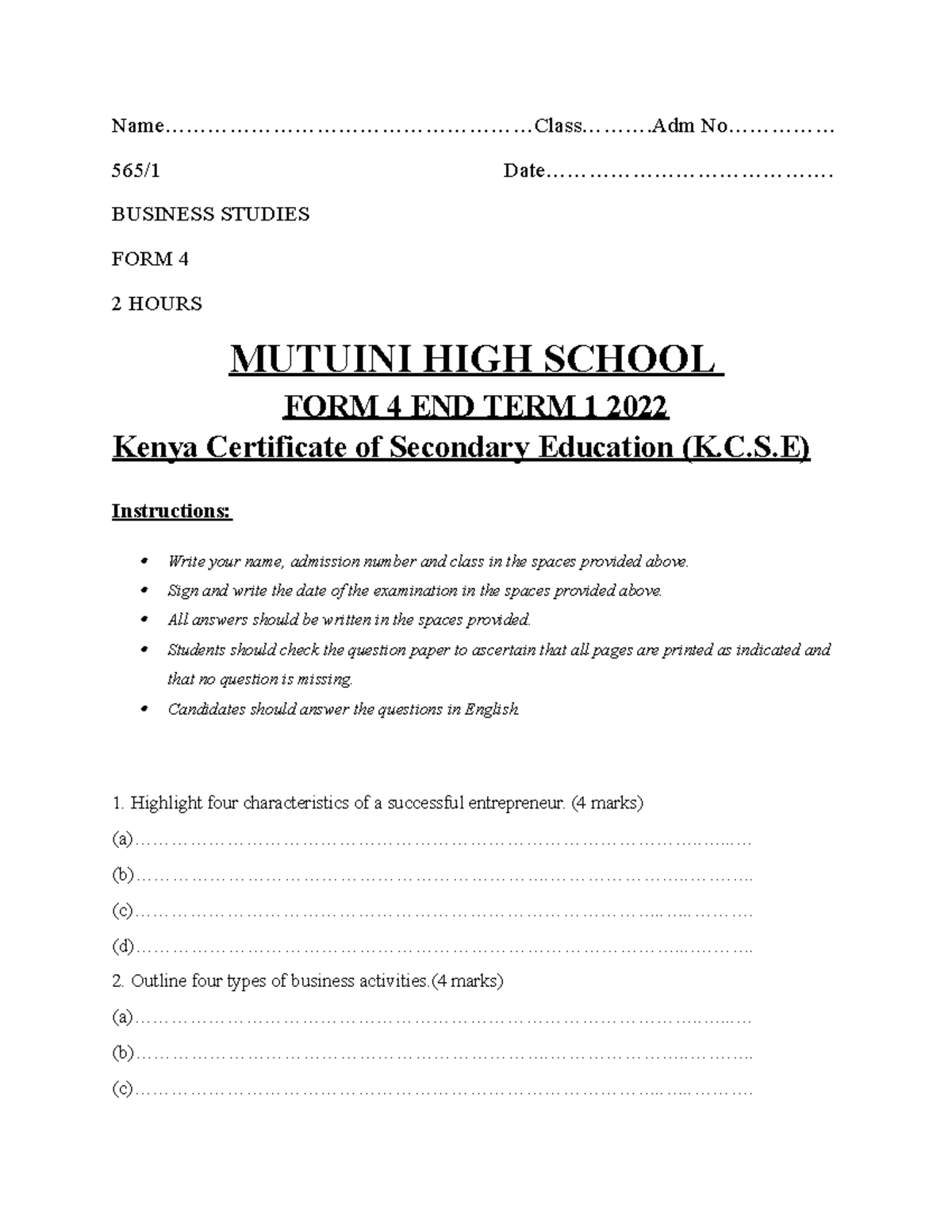 Business Paper 1 Name