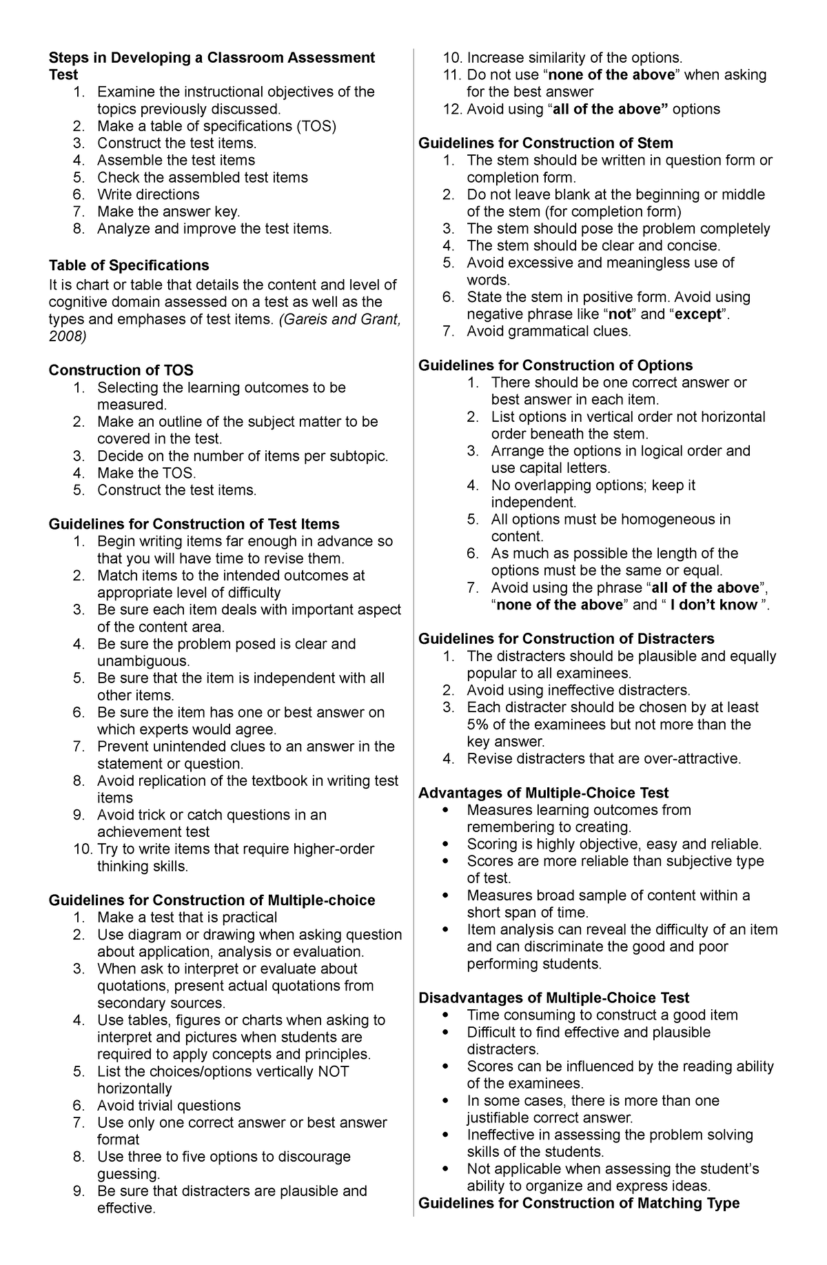 Steps in Developing a Classroom Assessment Test - Examine the ...