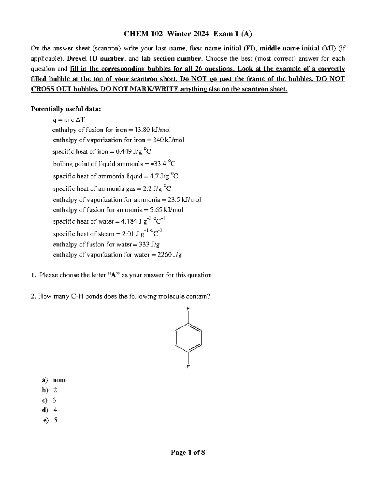 Exam I 102 W24 - A - CHEM 102 Winter 2024 Exam 1 (A) On the answer ...