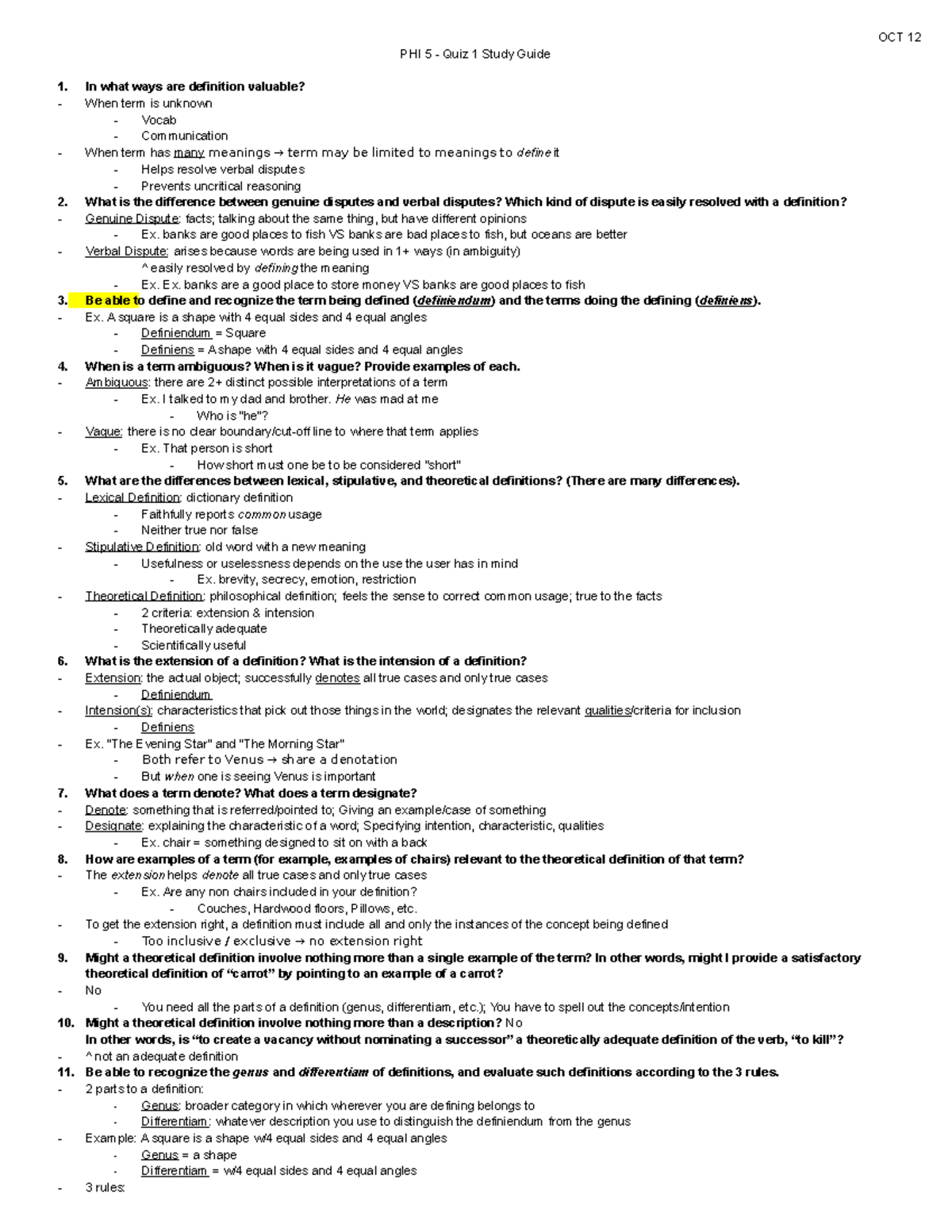 PHI 5 - Quiz 1 Study Guide - OCT 12 PHI 5 - Quiz 1 Study Guide In what ...