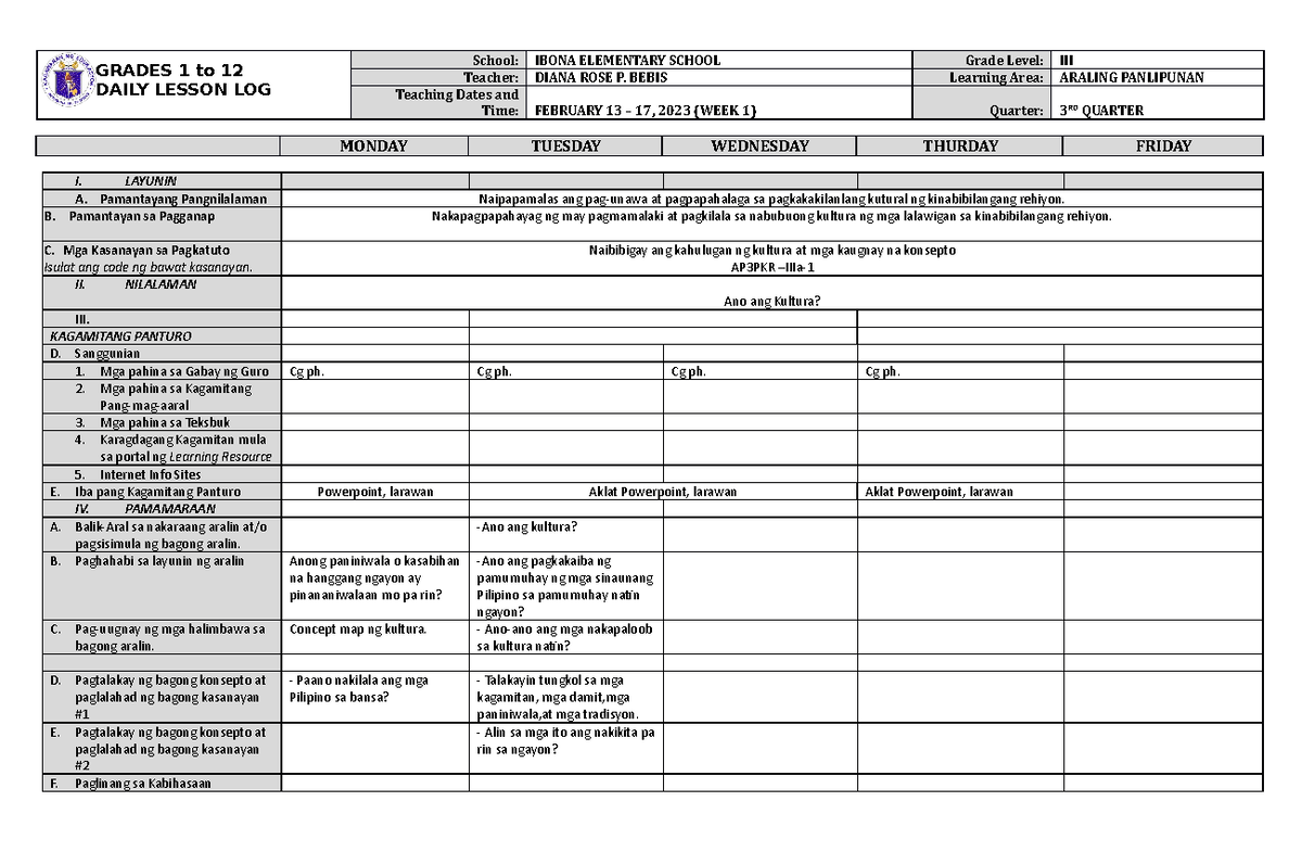 DLL Araling Panlipunan 3 Q3 W1 - GRADES 1 to 12 DAILY LESSON LOG School ...