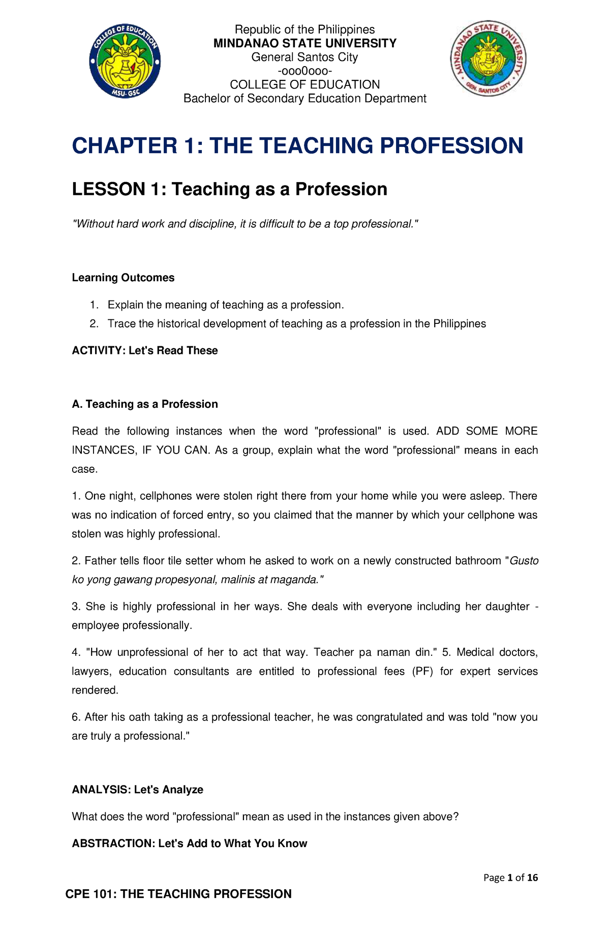 Module 1 Chapter 1 - Teaching As A Profession In The Words ...