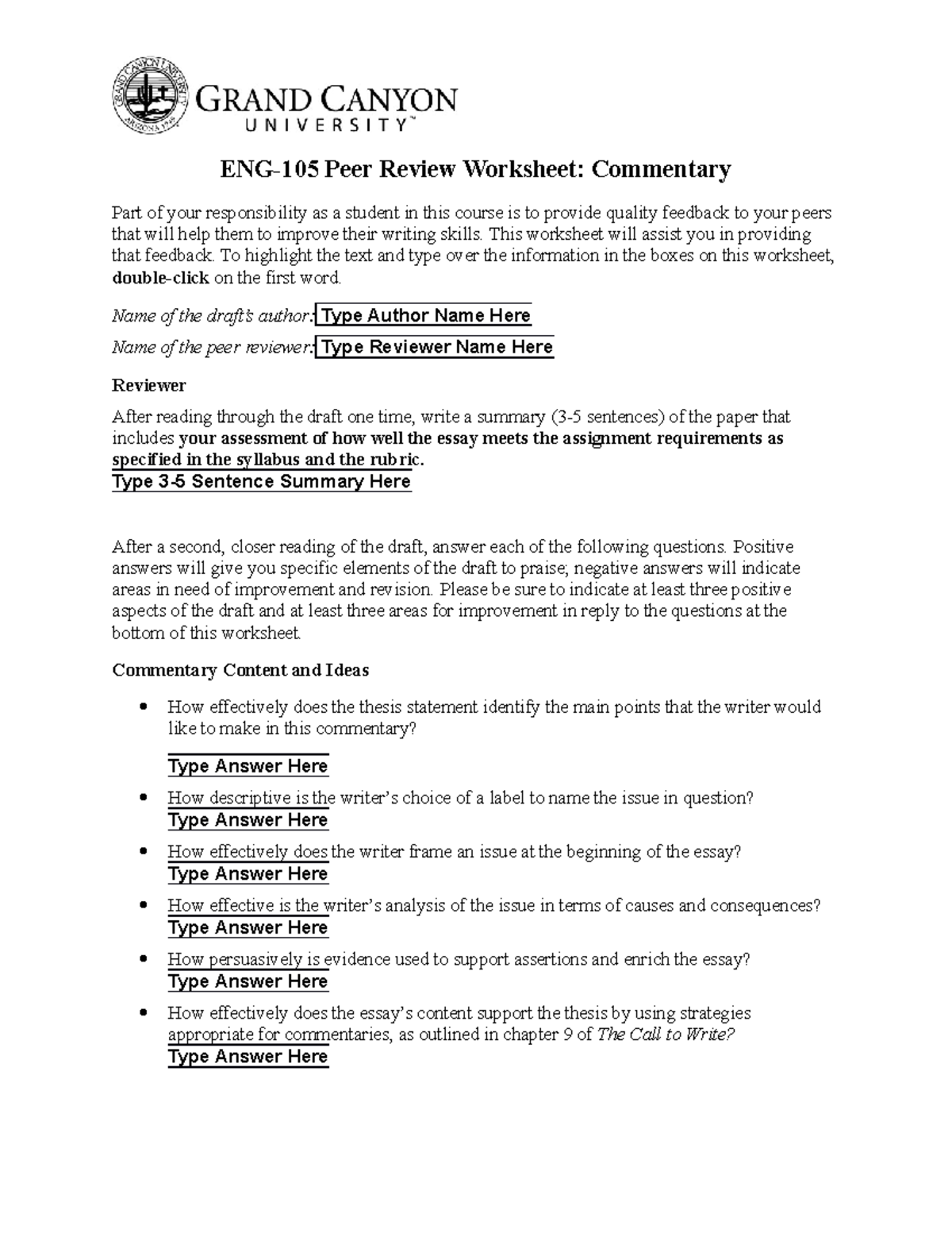 ENG105 Commentary Peer Review Worksheet ENG 105 GCU StuDocu