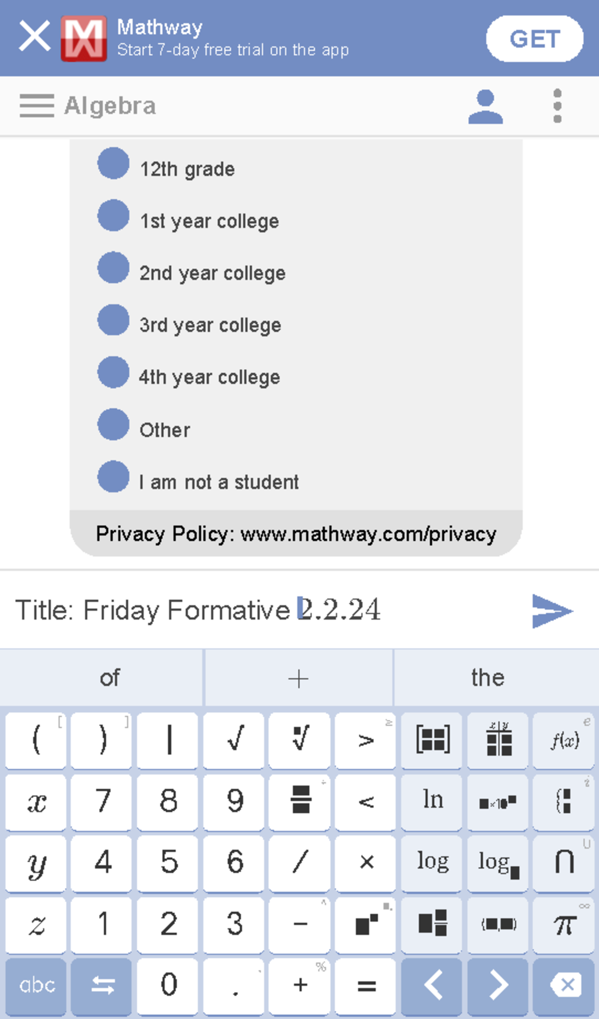 Mathway Algebra Problem Solver - 9th Grade 10th Grade 11th Grade 12th Grade 1st Year College 2nd ...