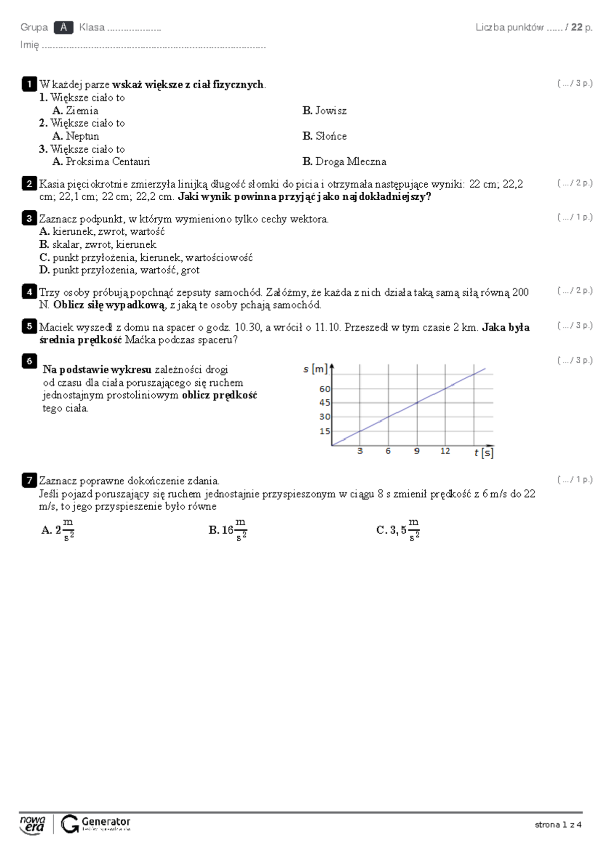 Test 1. Wprowadzenie. Przyczyny I Opis Ruchu Prostoliniowego Test ...