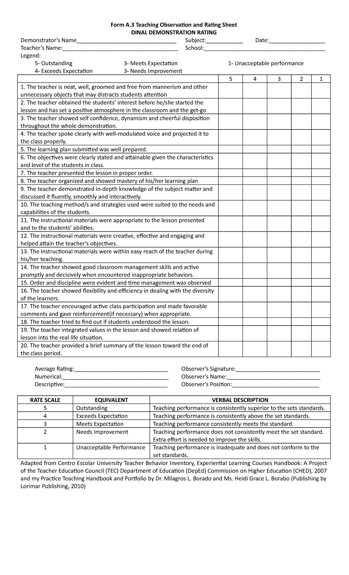 Form A - Rubric on Practical Teaching - Form A Teaching Observation and ...