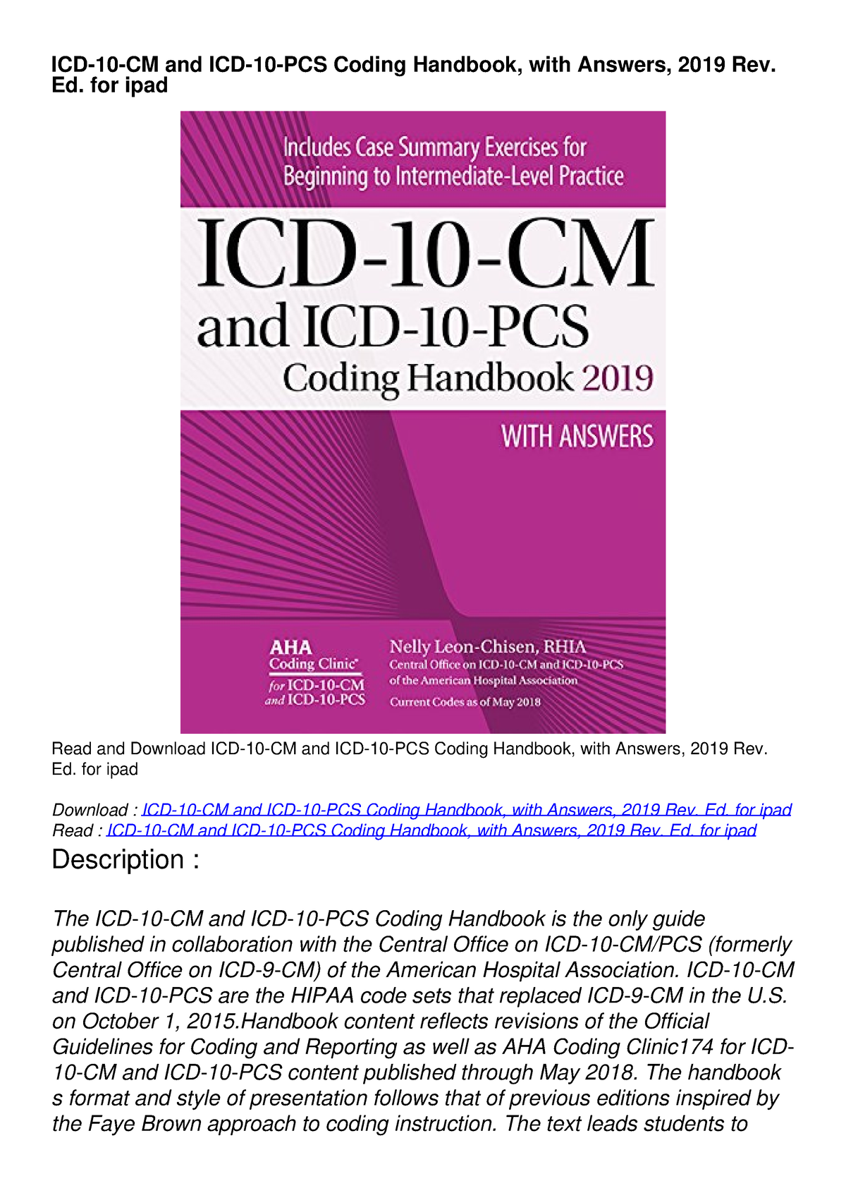 Read Icd 10 Cm And Icd 10 Pcs Coding Handbook With Answers 2019 Rev Ed For I Icd 10 Cm And 1408