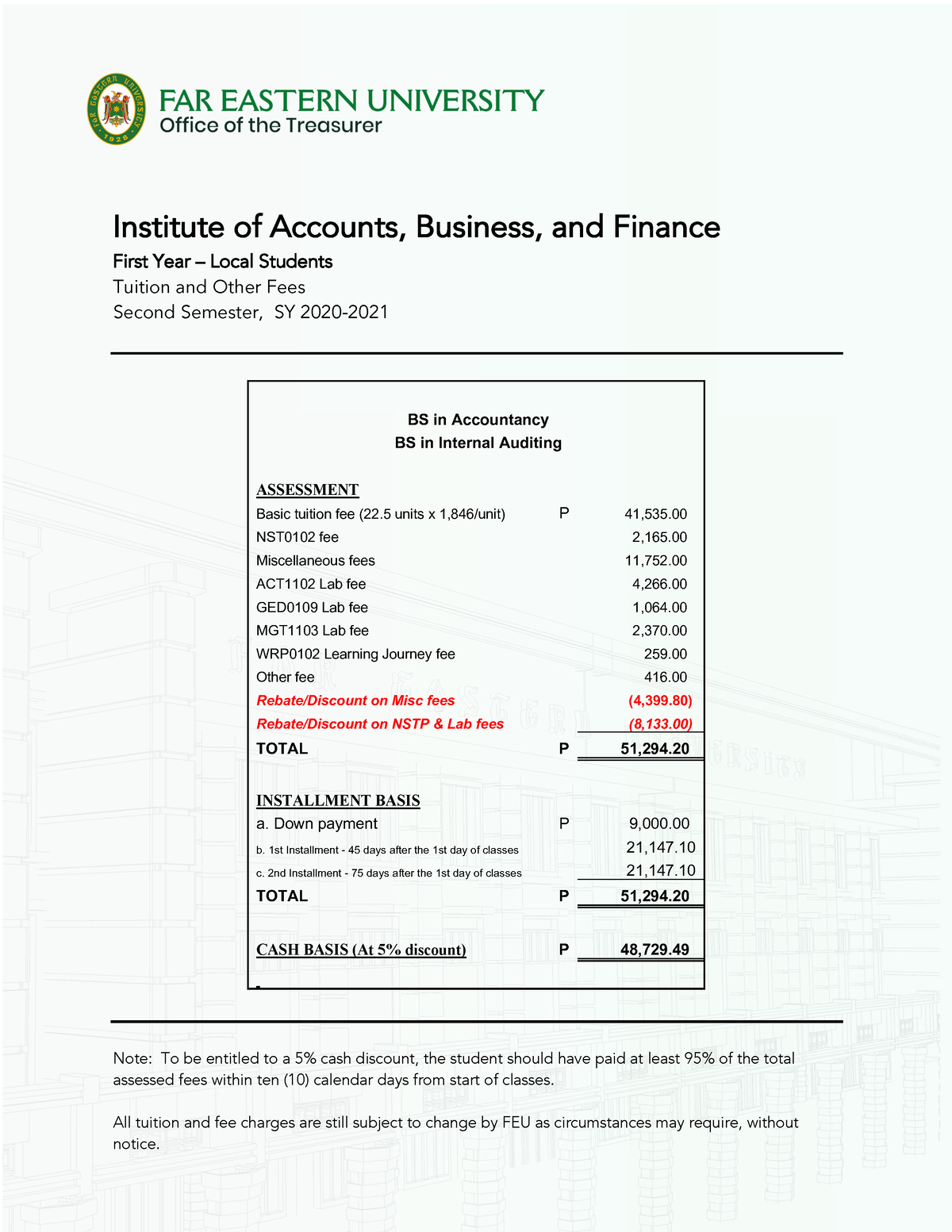 2T20202021 Tuition Fee Rates IABF FEU Note To be entitled to a 5