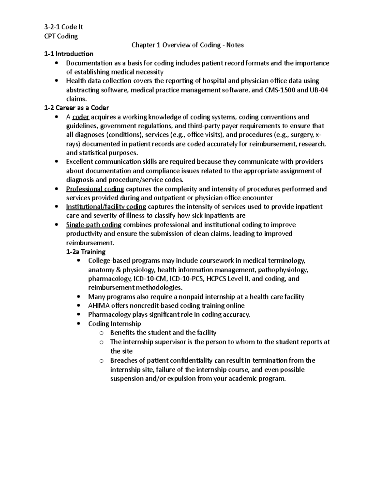 Chapter 1 Overview of Coding - Notes - CPT Coding Chapter 1 Overview of ...