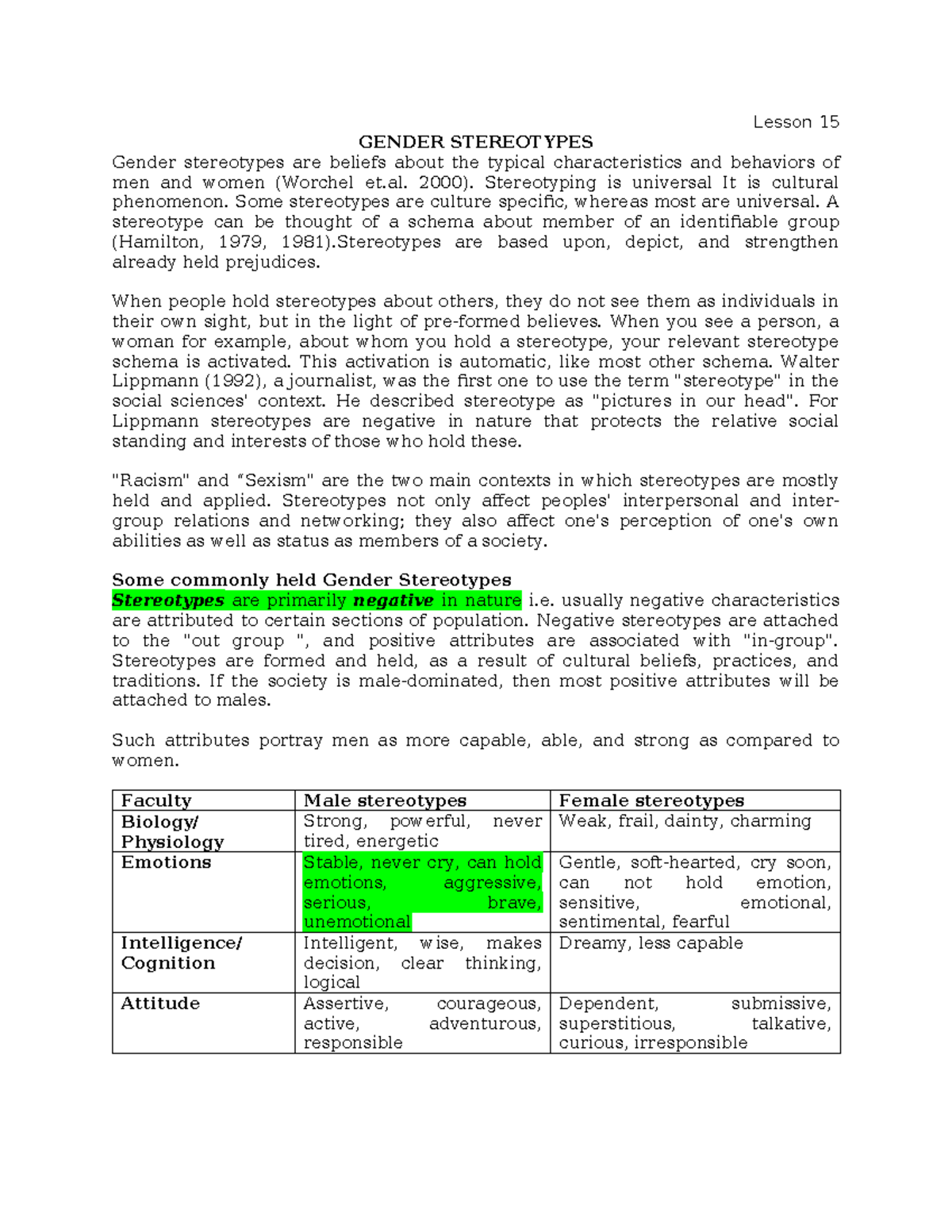 PSY 512 CH 15 - NOTES - Lesson 15 GENDER STEREOTYPES Gender stereotypes ...