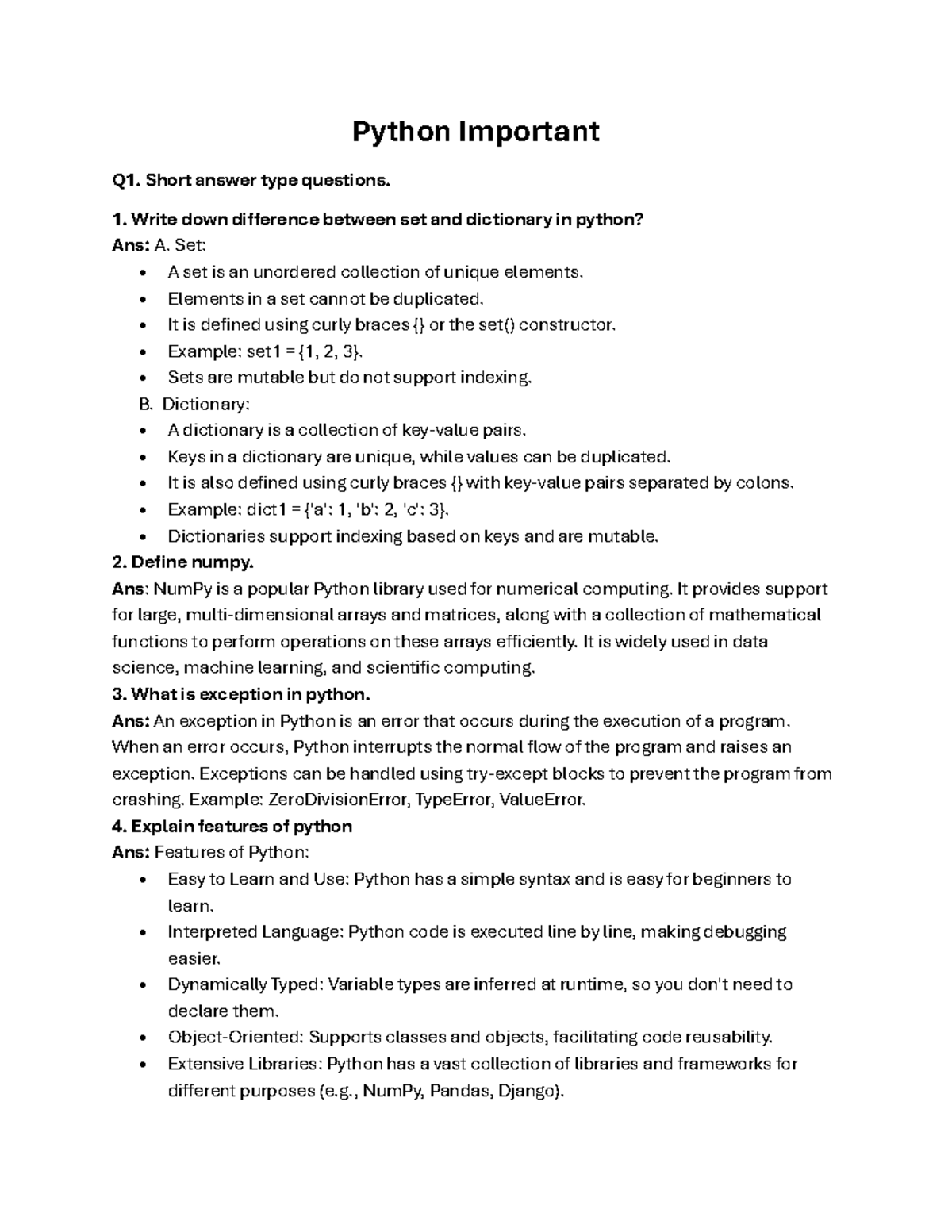 Python Important - IMP - Python Important Q1. Short answer type ...