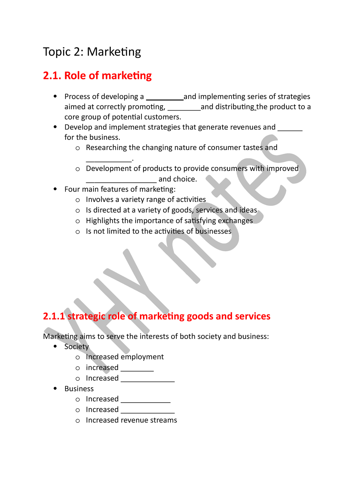 Topic 2 marketing notes (student) - StuDocu