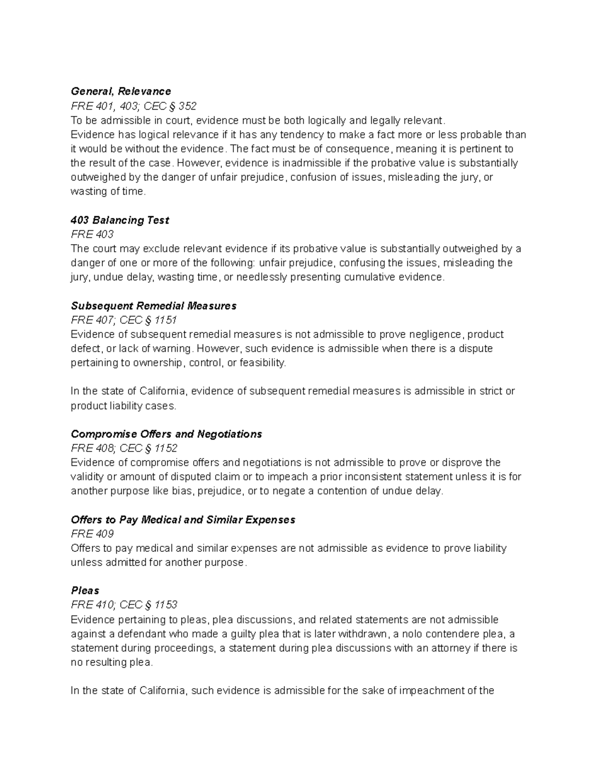 Rule Statements - General, Relevance FRE 401, 403; CEC § 352 To be ...