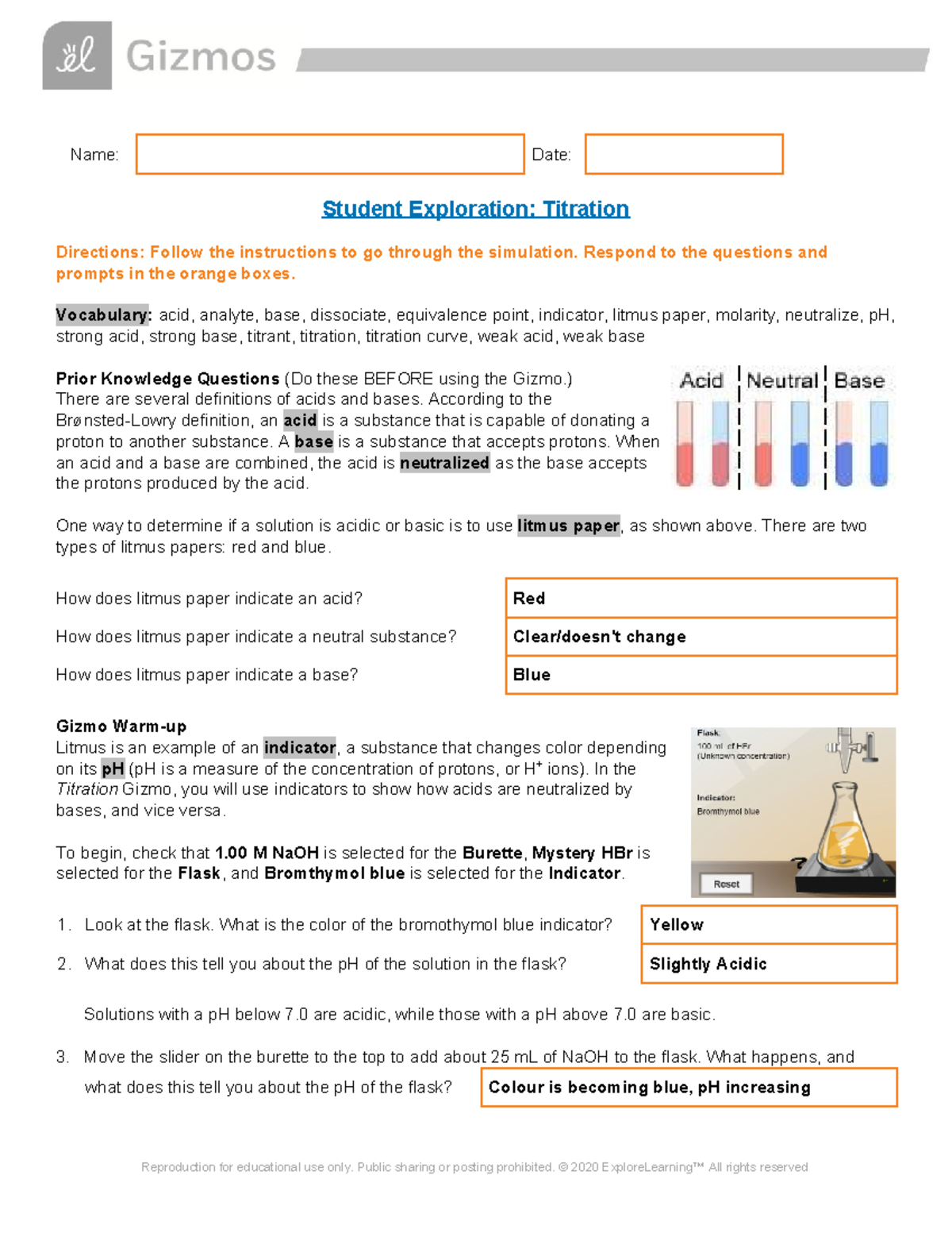 Titration Lab Student Exploration Titration Directions Follow the