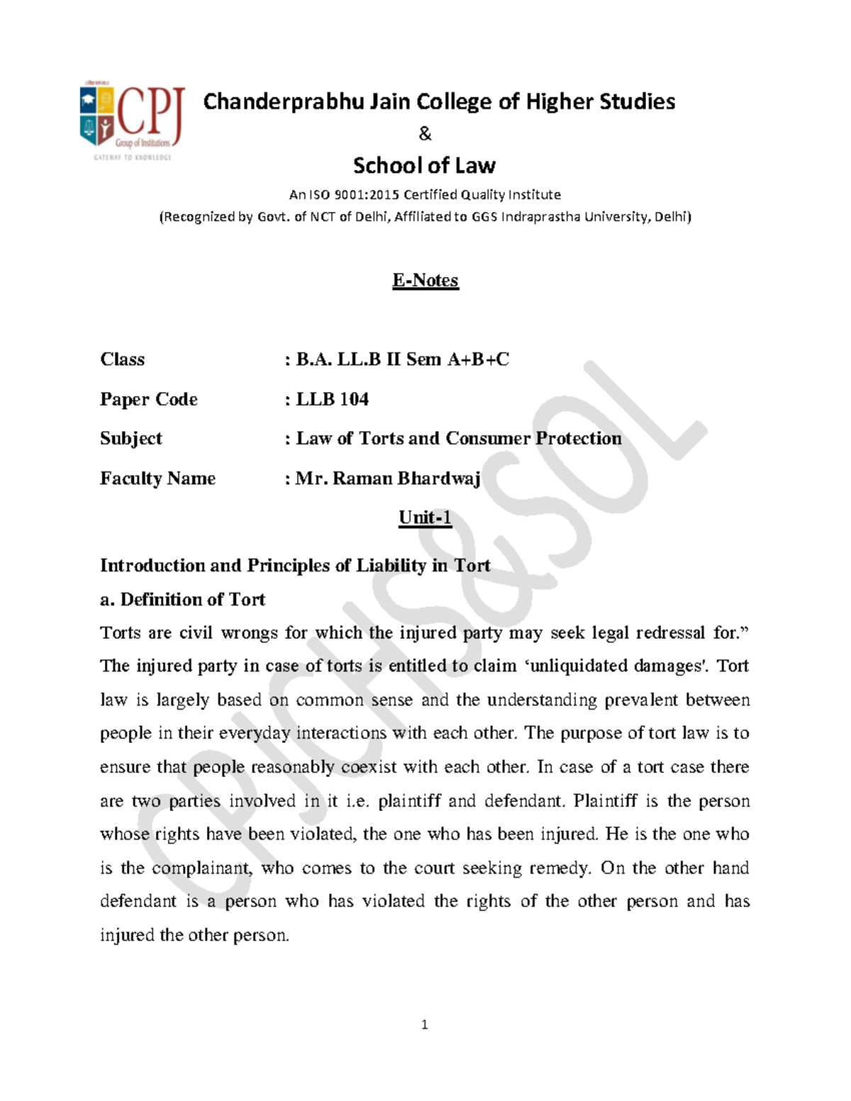 Unit-1 Law of Torts E-Notes LLB 104 - & School of Law An ISO 9001:2015 ...