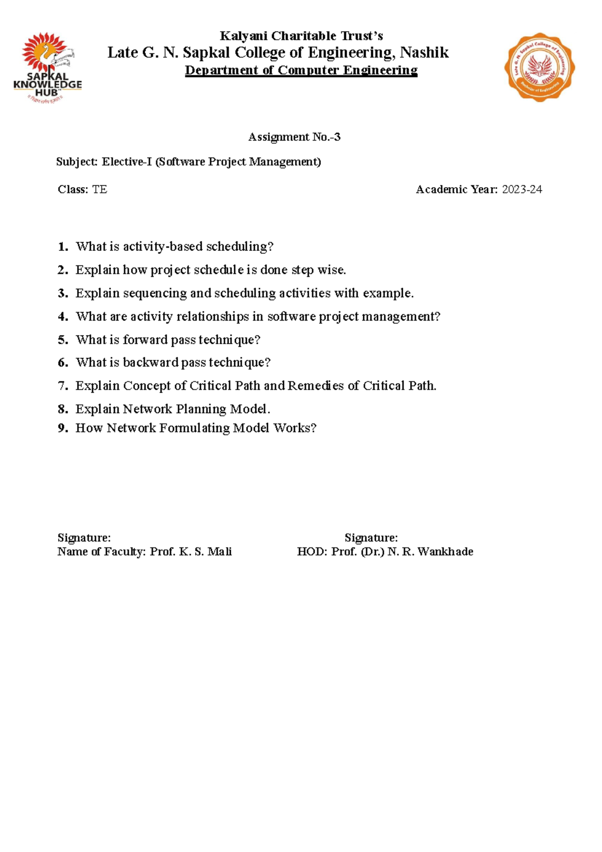 TE SPM Assignment no 3 - Kalyani Charitable Trust’s Late G. N. Sapkal ...
