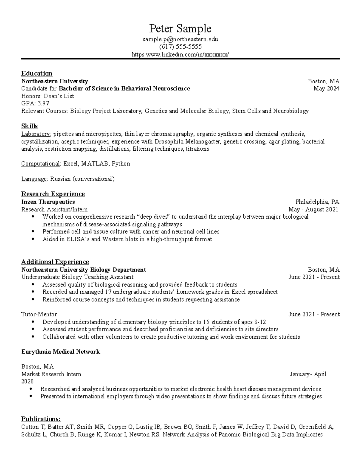 Sample Resume 1 - tet - Peter Sample sample@northeastern (617) 555 ...