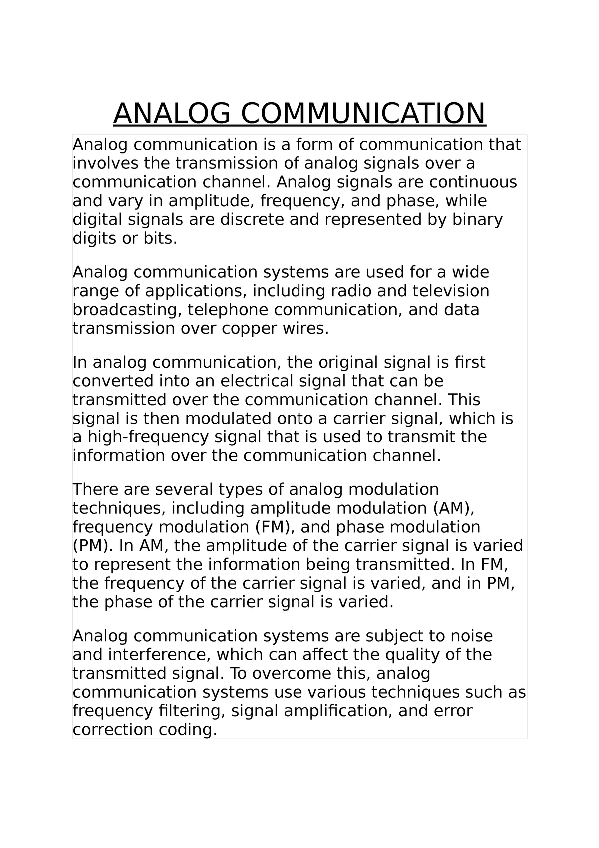 research paper on analog communication