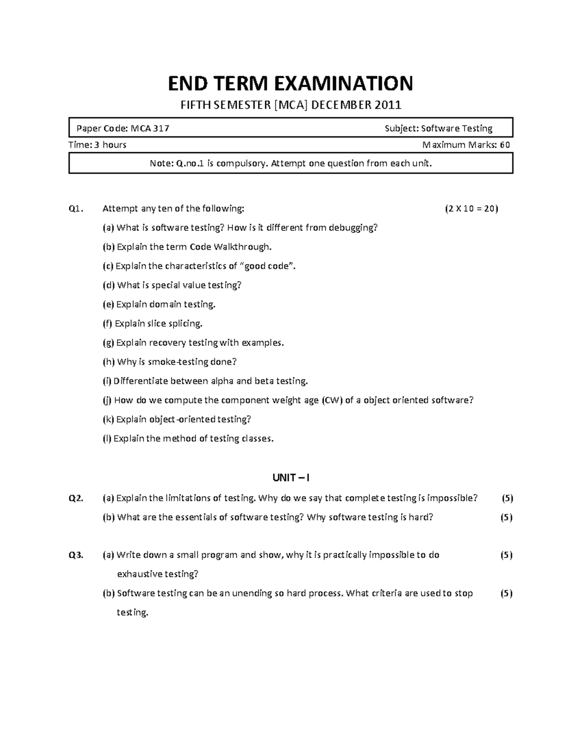 Softwaretesting - END TERM EXAMINATION FIFTH SEMESTER [MCA] DECEMBER ...
