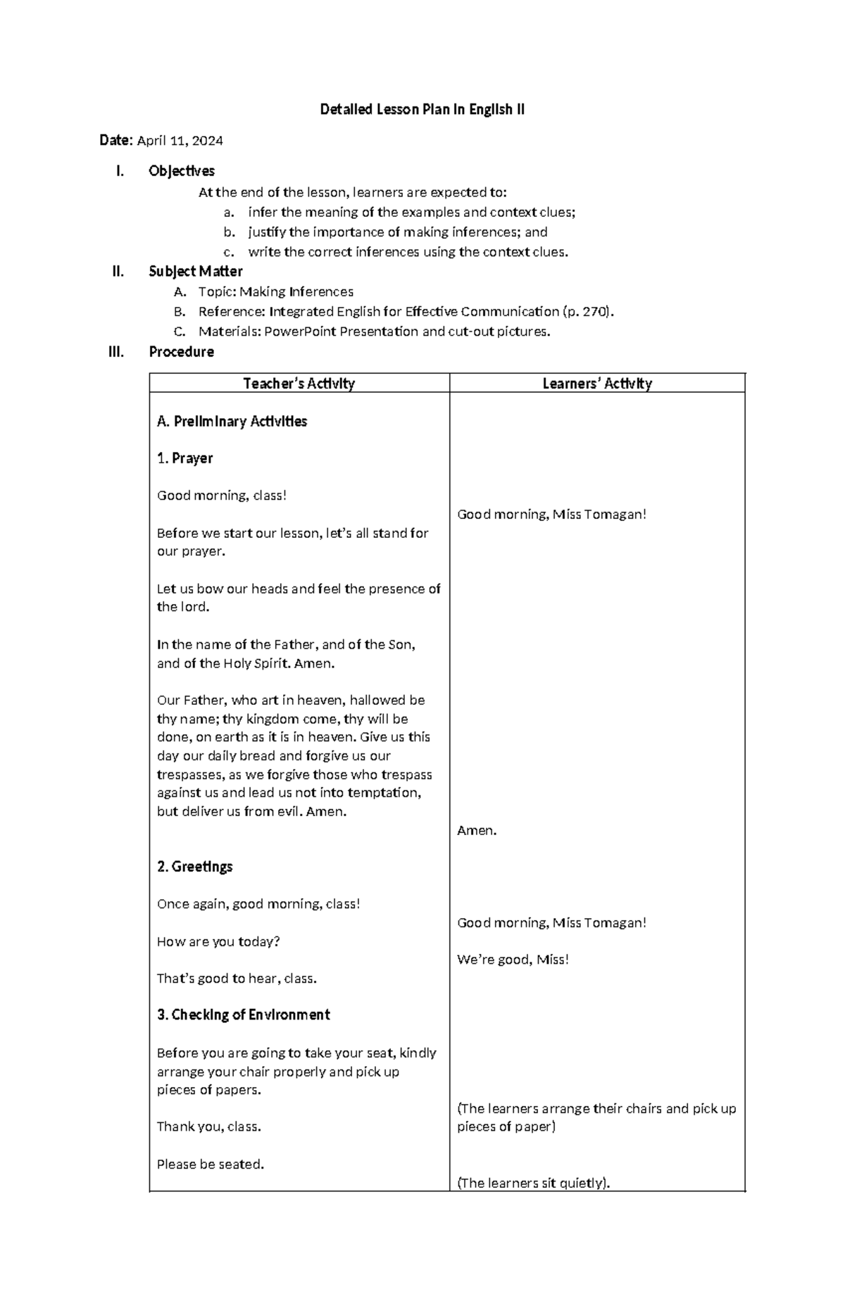 Lesson Plan - Inference - Detailed Lesson Plan in English II Date ...