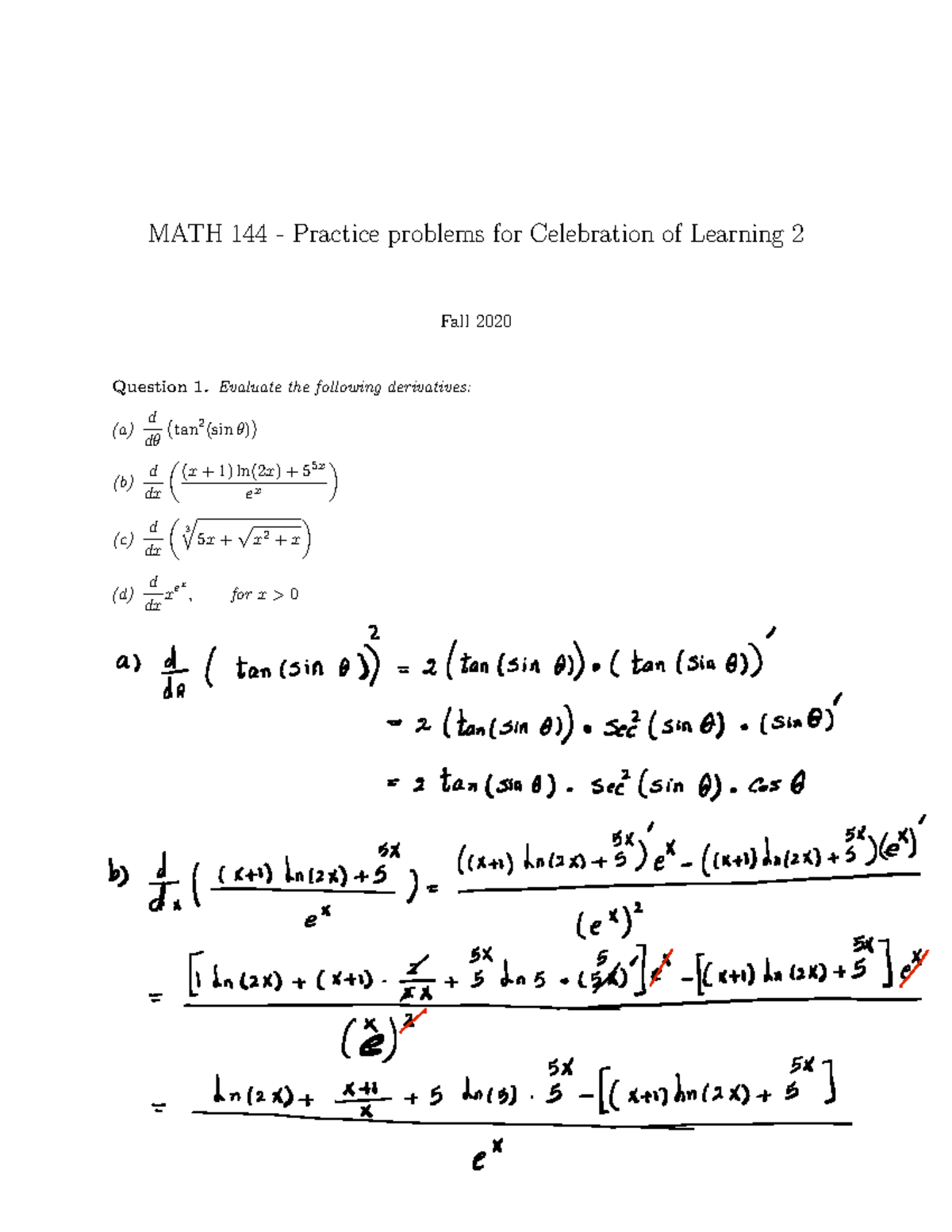 Practice problems quiz 2 solutions - MATH 144 - Practice problems for ...