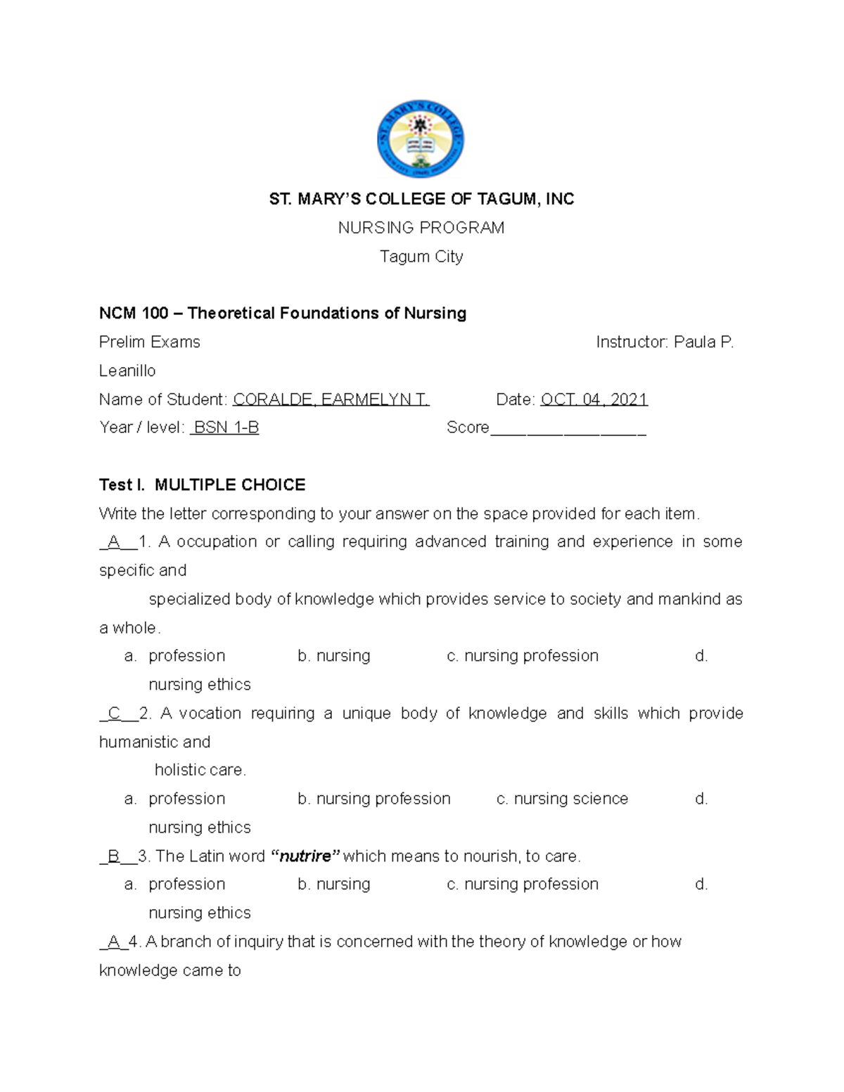 Prelim-tfn - Notes - ST. MARY’S COLLEGE OF TAGUM, INC NURSING PROGRAM ...