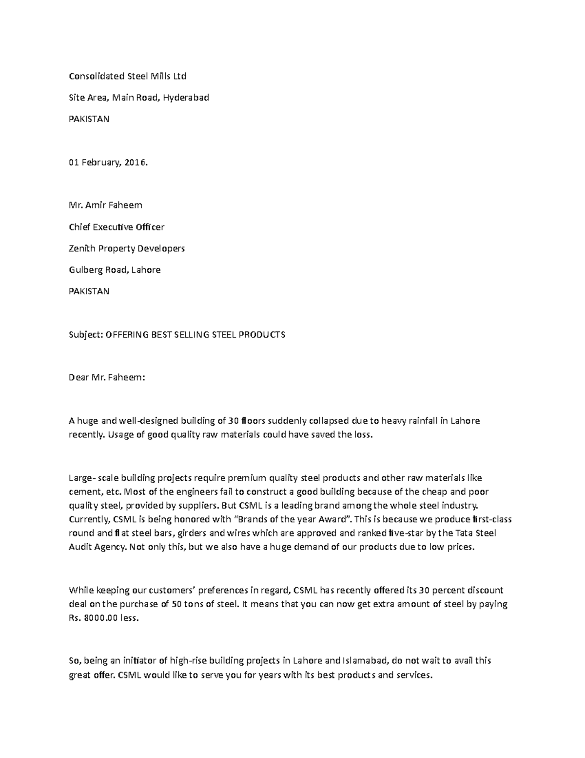 Persuasive Letter. Vishal.Consolidated Steel Mills Ltd - Consolidated ...