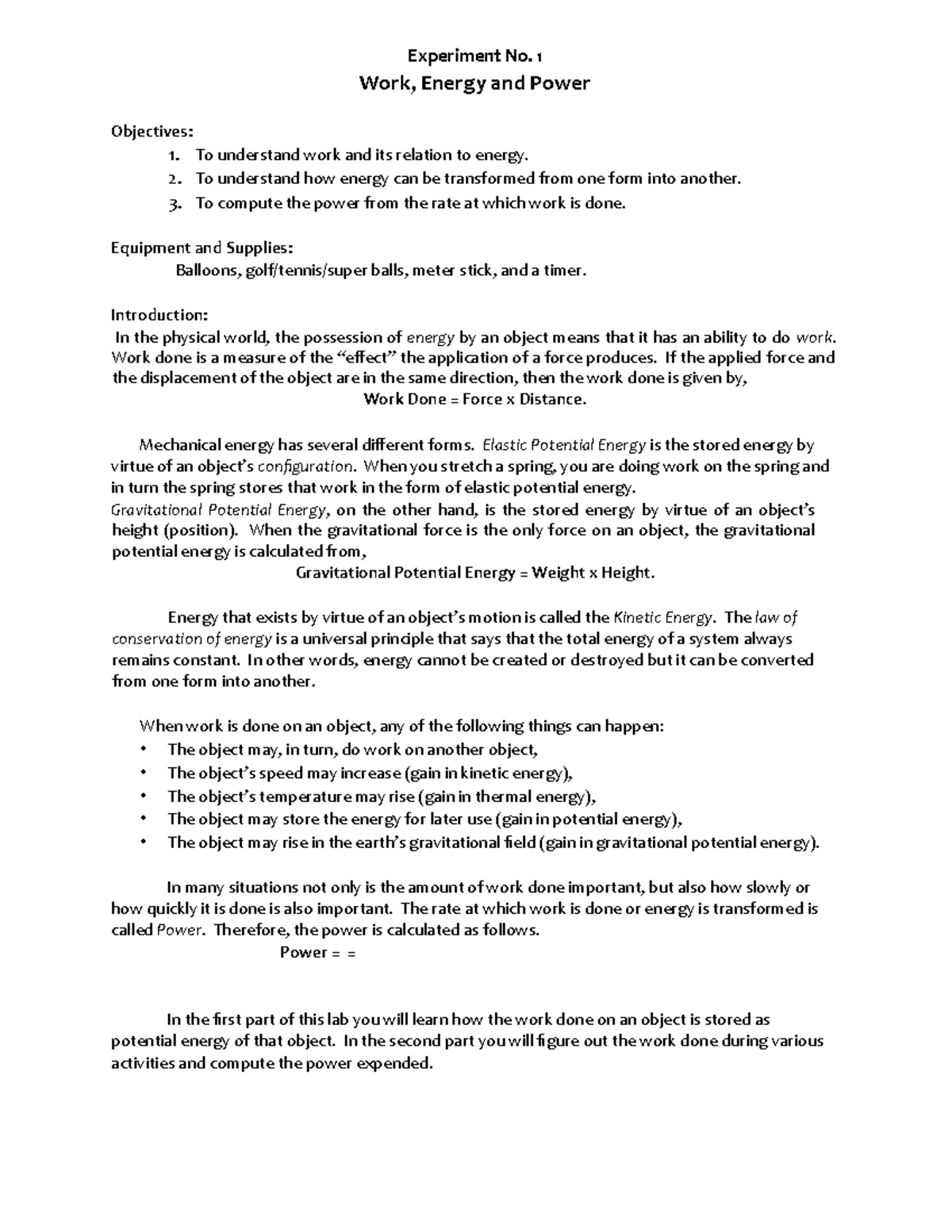Physics for Engineers Experiment No. 1 Experiment No. 1 Work, Energy