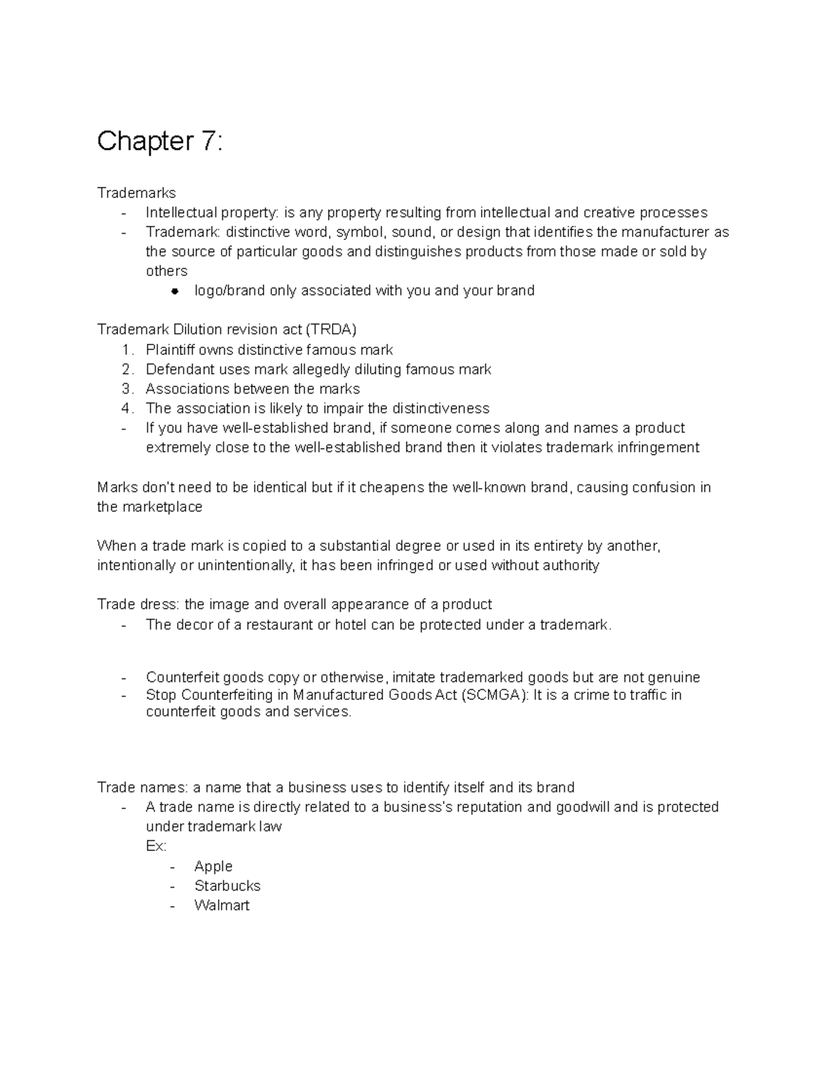 LAW Chapter 7 Notes - Chapter 7: Trademarks - Intellectual property: is ...