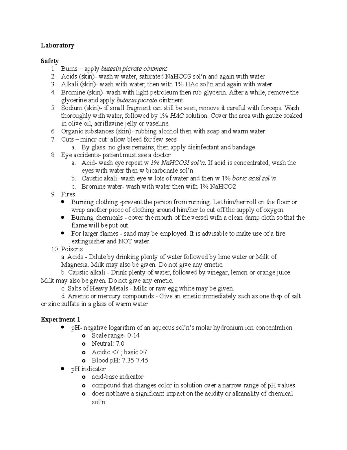 Acid Base Indicator Experiment Notes Laboratory Safety 1. Burns