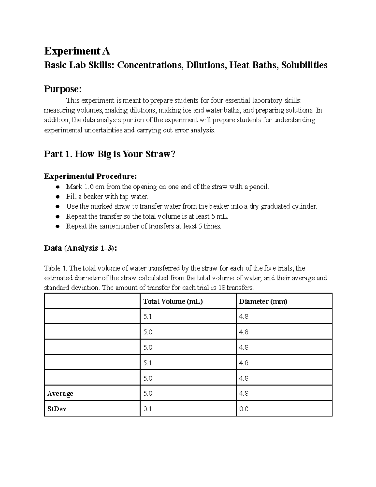 Experiment A Short Lab Report Experiment A Basic Lab Skills