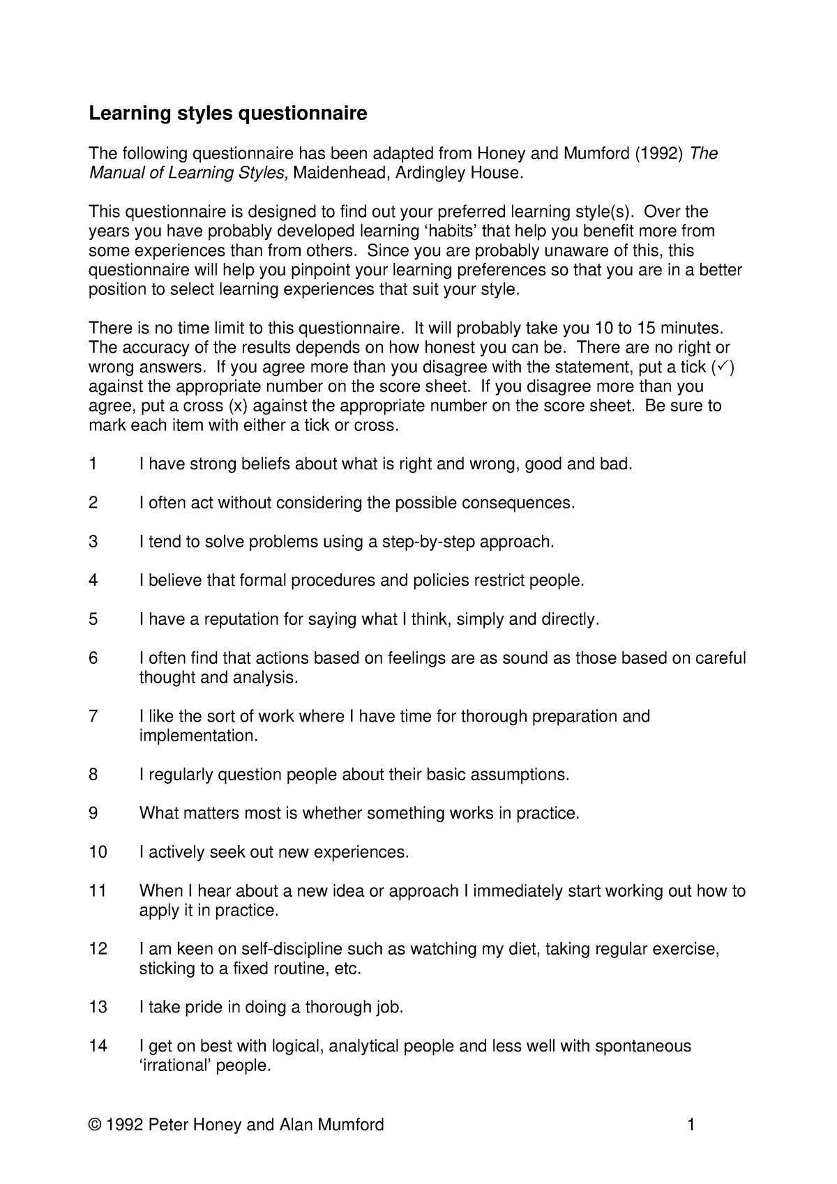 Honey Mumford Lsq Learning Style Questionnaire Learning Styles Questionnaire The Following 3640